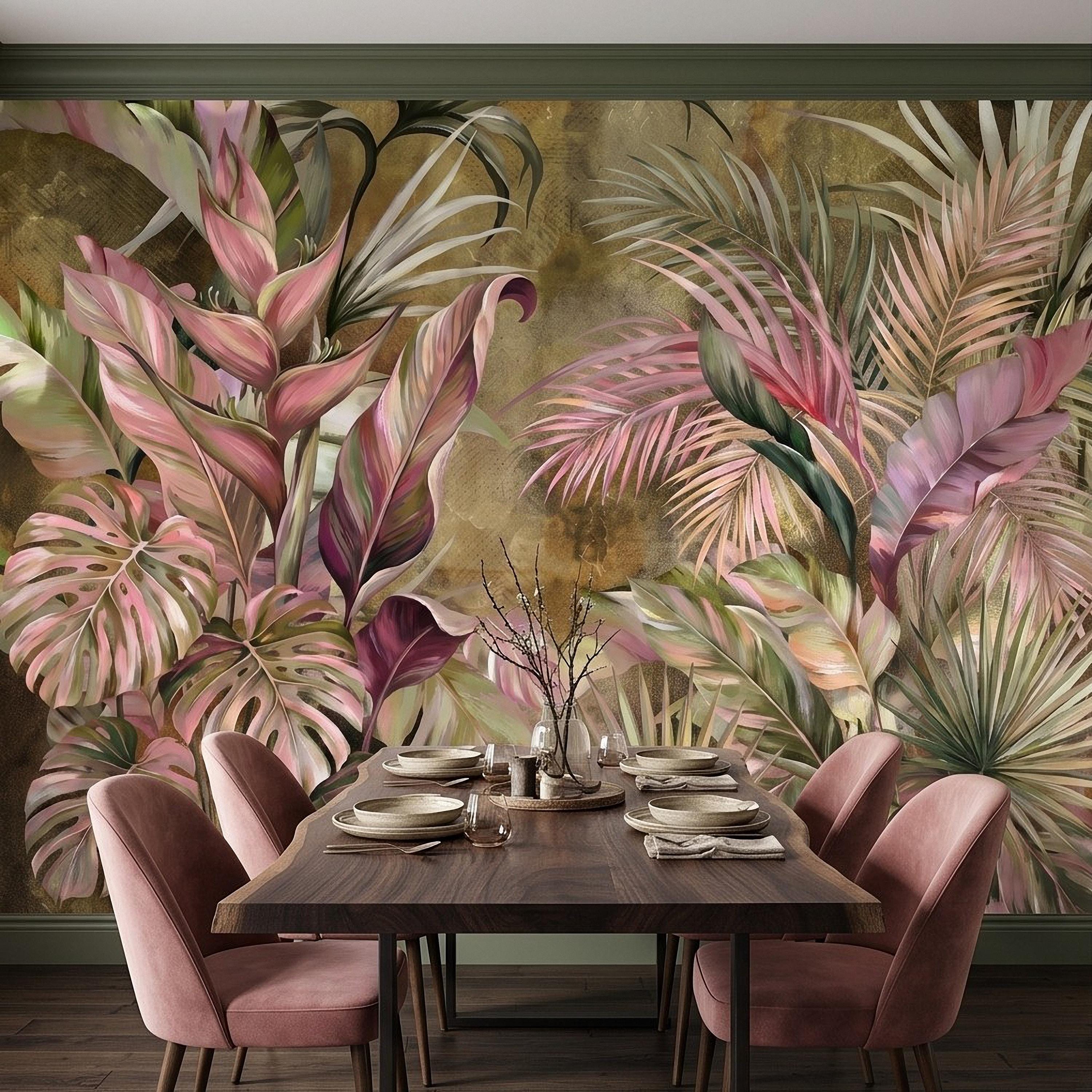 Tropical Botanical Peel and Stick Wall Mural, Monstera Palm Leaves Blush Pink Foliage Olive Green Lush Exotic Wallpaper