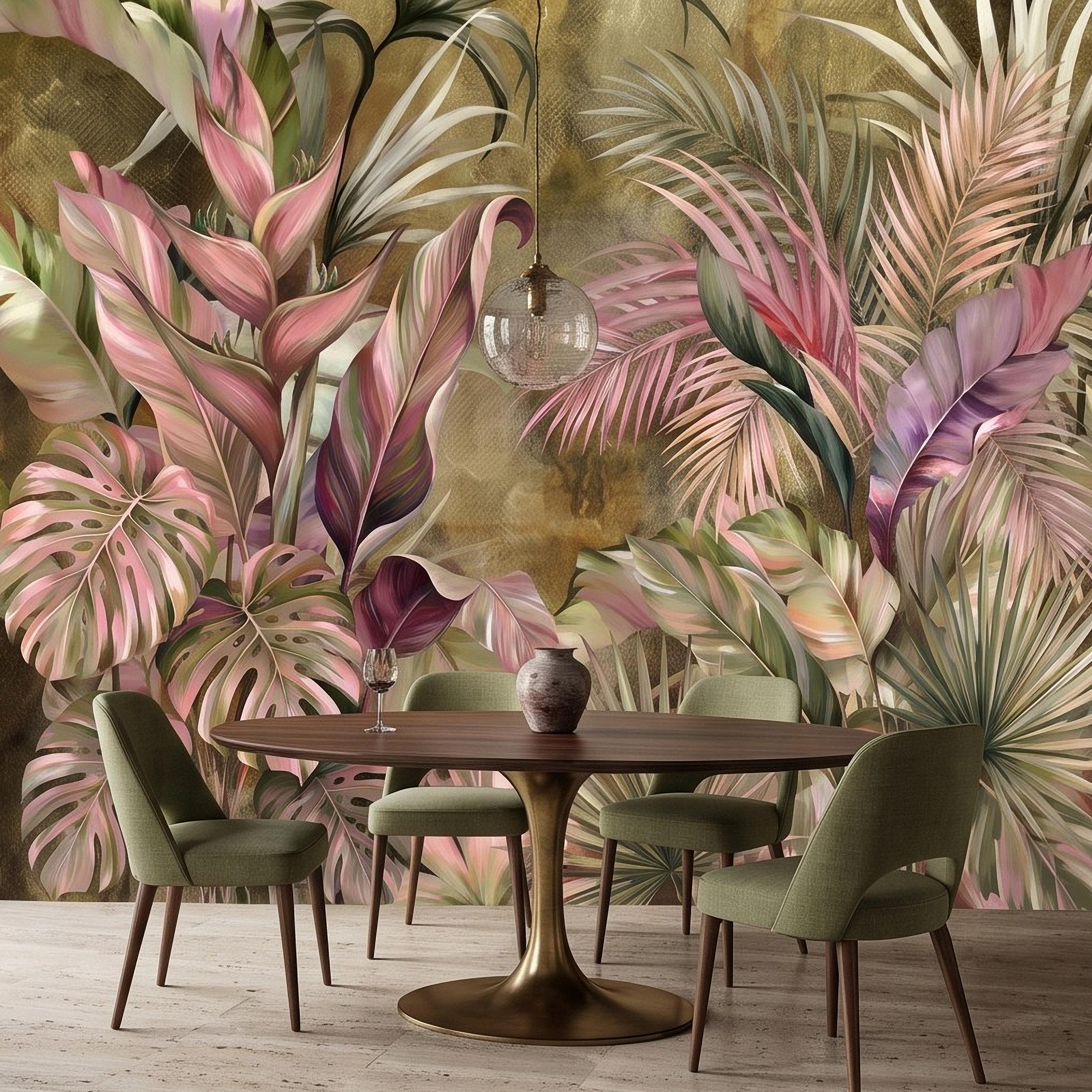 Tropical Botanical Peel and Stick Wall Mural, Monstera Palm Leaves Blush Pink Foliage Olive Green Lush Exotic Wallpaper