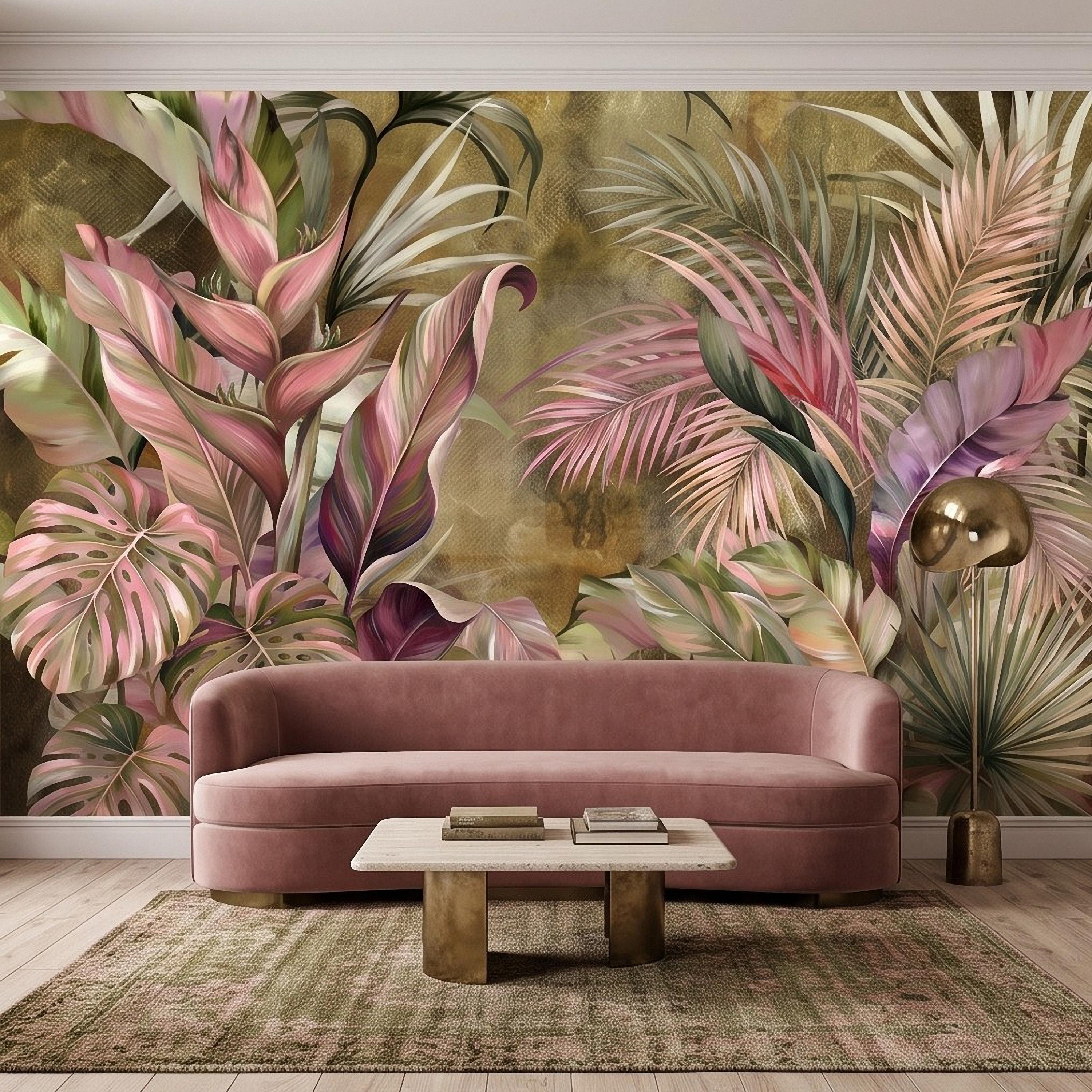 Tropical Botanical Peel and Stick Wall Mural, Monstera Palm Leaves Blush Pink Foliage Olive Green Lush Exotic Wallpaper