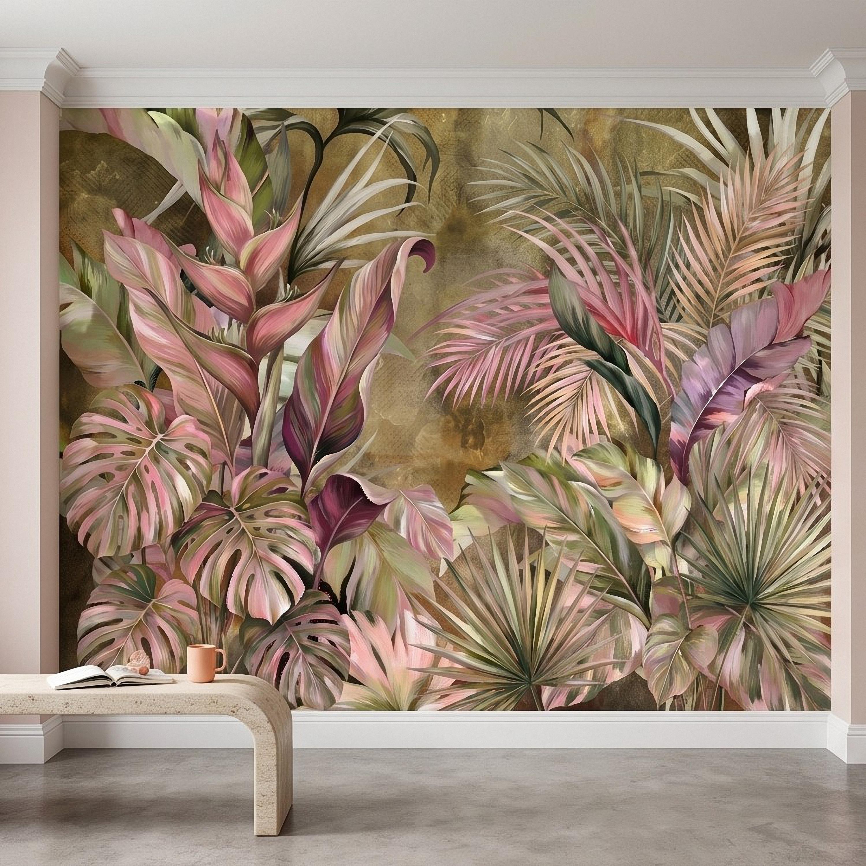 Tropical Botanical Peel and Stick Wall Mural, Monstera Palm Leaves Blush Pink Foliage Olive Green Lush Exotic Wallpaper