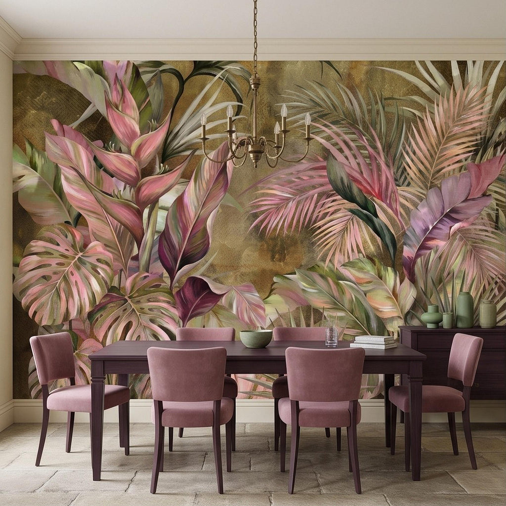Tropical Botanical Peel and Stick Wall Mural, Monstera Palm Leaves Blush Pink Foliage Olive Green Lush Exotic Wallpaper