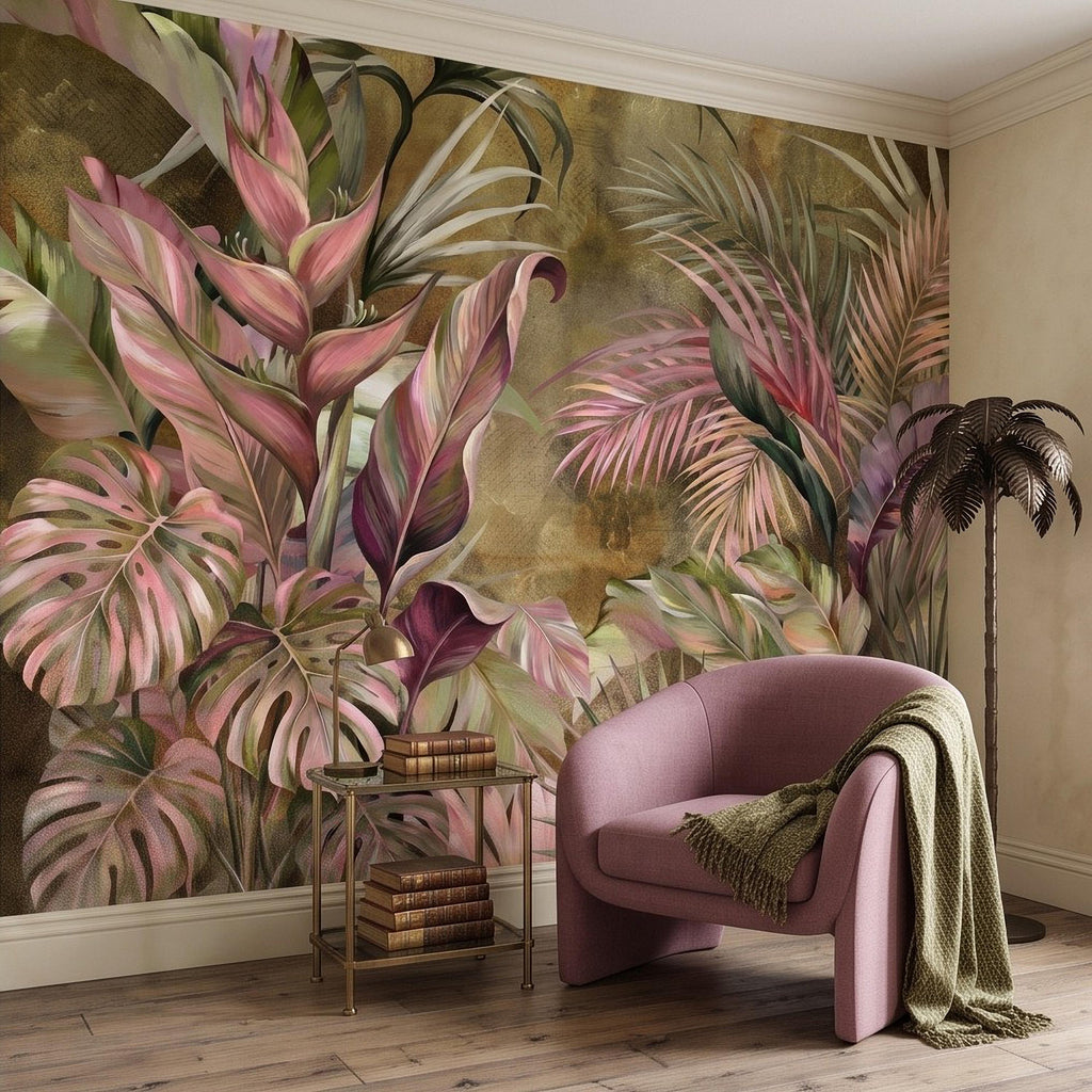 Tropical Botanical Peel and Stick Wall Mural, Monstera Palm Leaves Blush Pink Foliage Olive Green Lush Exotic Wallpaper