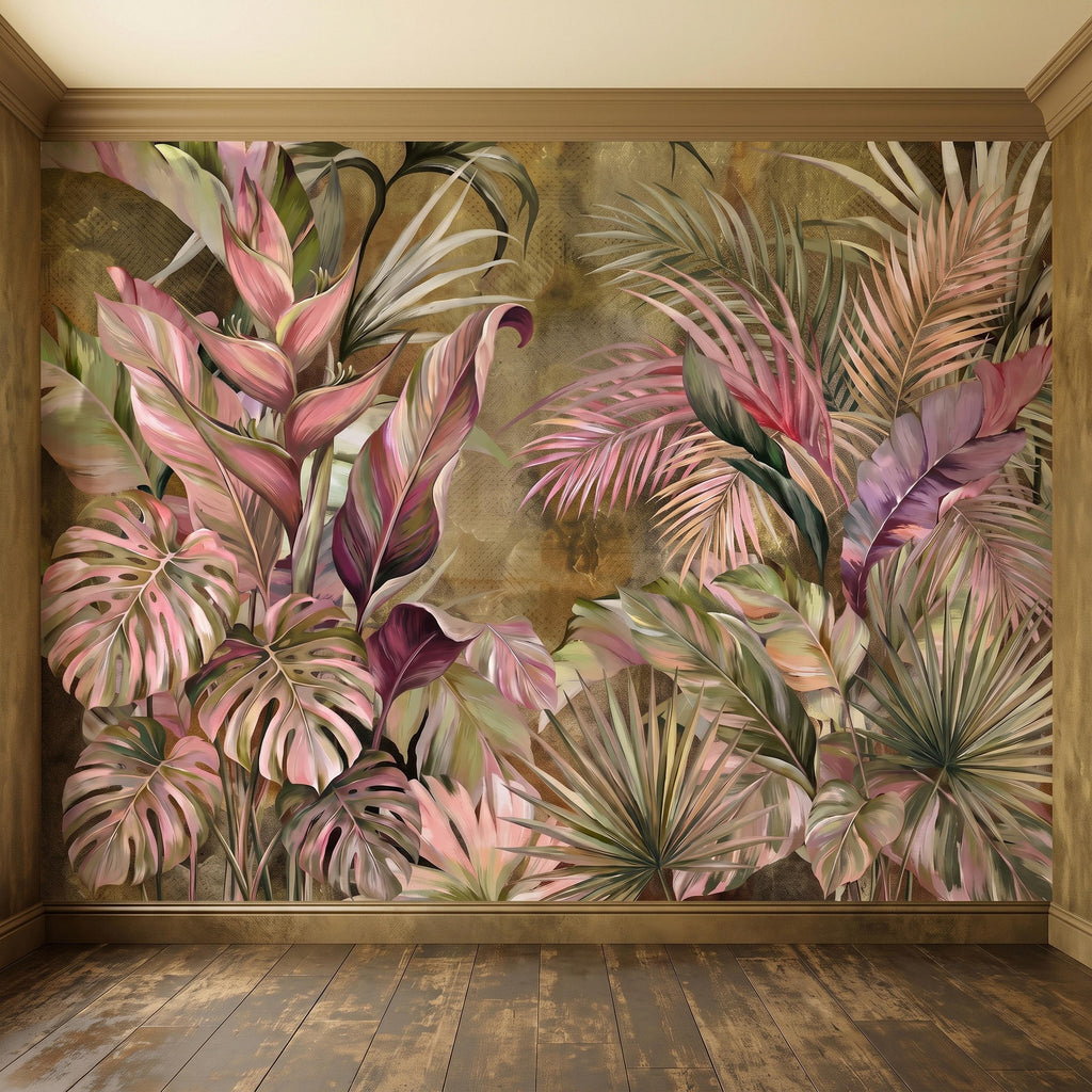 Tropical Botanical Peel and Stick Wall Mural, Monstera Palm Leaves Blush Pink Foliage Olive Green Lush Exotic Wallpaper