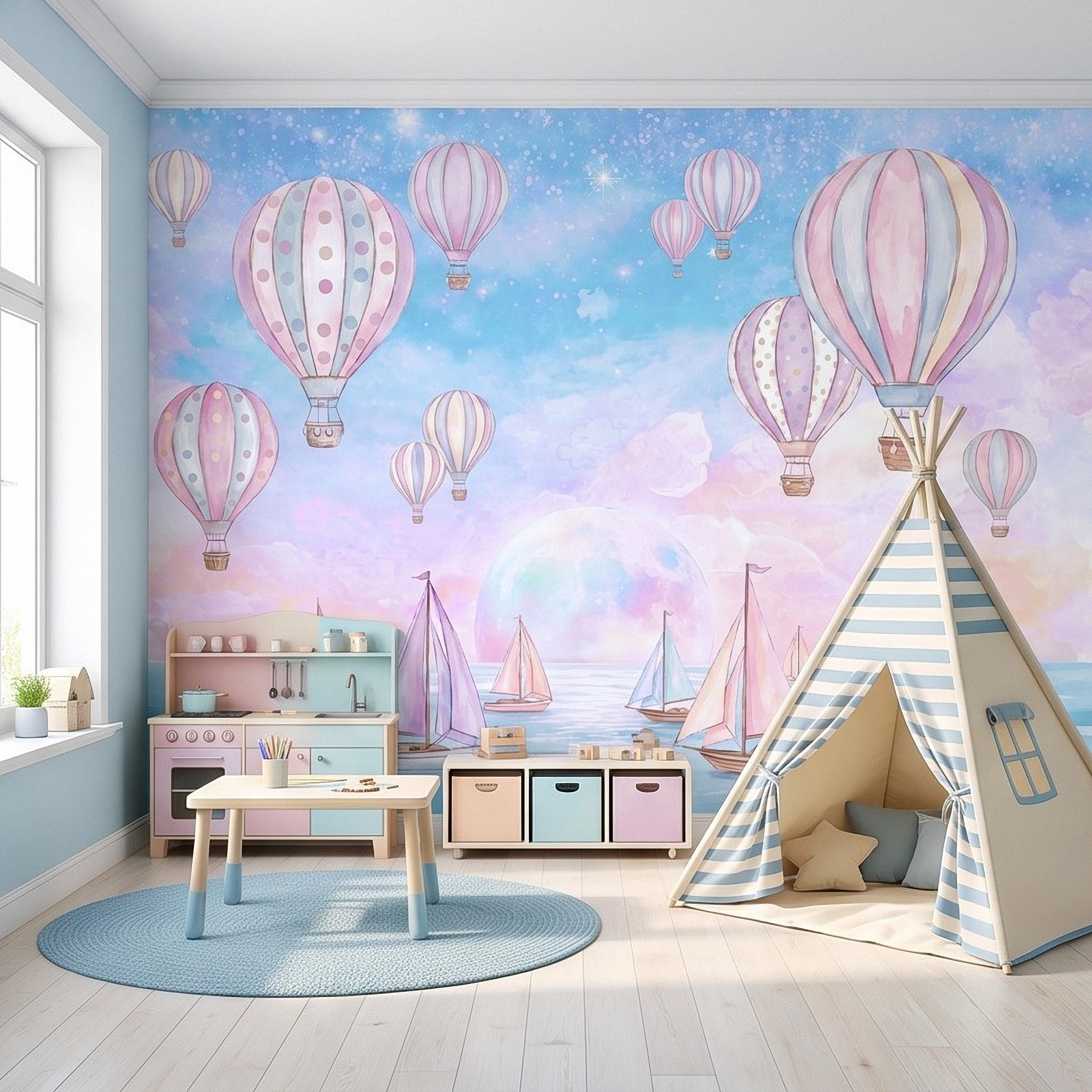 Pastel Hot Air Balloon Peel and Stick Wall Mural, Sailboats Ocean Sky, Dreamy Pink Blue Clouds, Whimsical Watercolor Kids Wallpaper