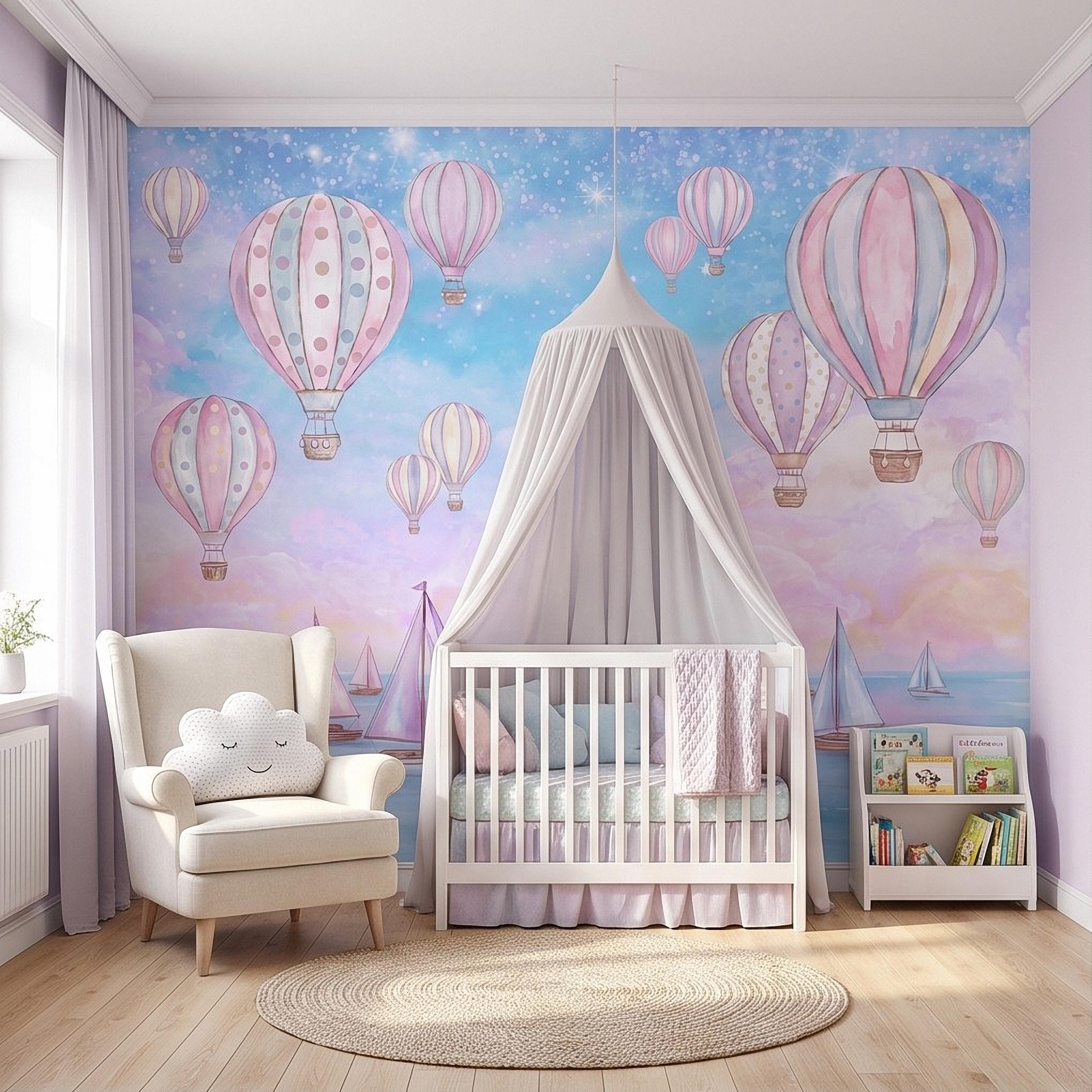 Pastel Hot Air Balloon Peel and Stick Wall Mural, Sailboats Ocean Sky, Dreamy Pink Blue Clouds, Whimsical Watercolor Kids Wallpaper