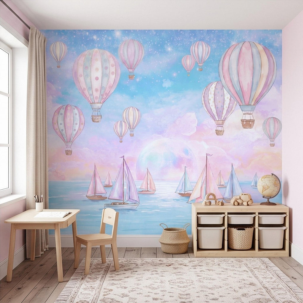 Pastel Hot Air Balloon Peel and Stick Wall Mural, Sailboats Ocean Sky, Dreamy Pink Blue Clouds, Whimsical Watercolor Kids Wallpaper