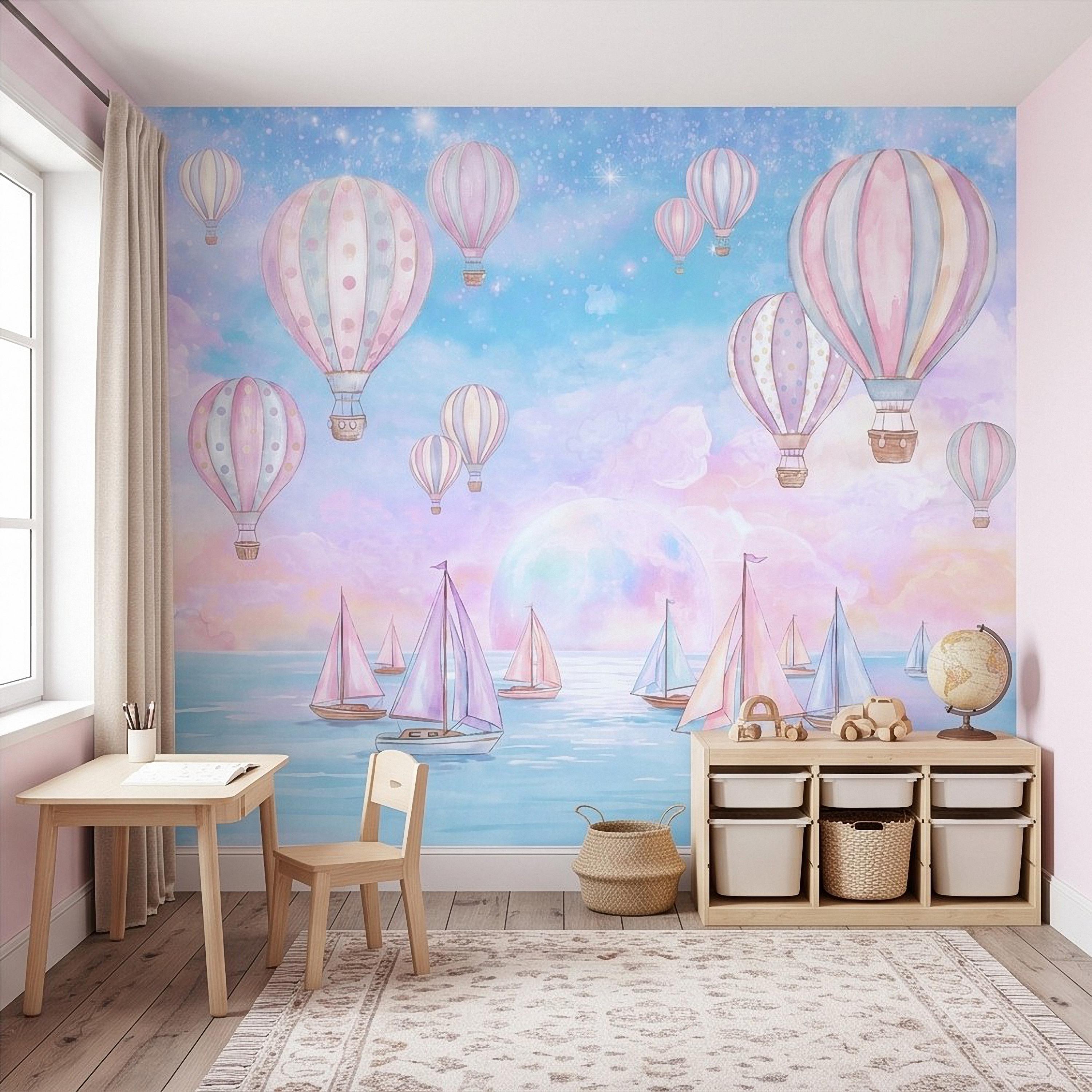 Pastel Hot Air Balloon Peel and Stick Wall Mural, Sailboats Ocean Sky, Dreamy Pink Blue Clouds, Whimsical Watercolor Kids Wallpaper