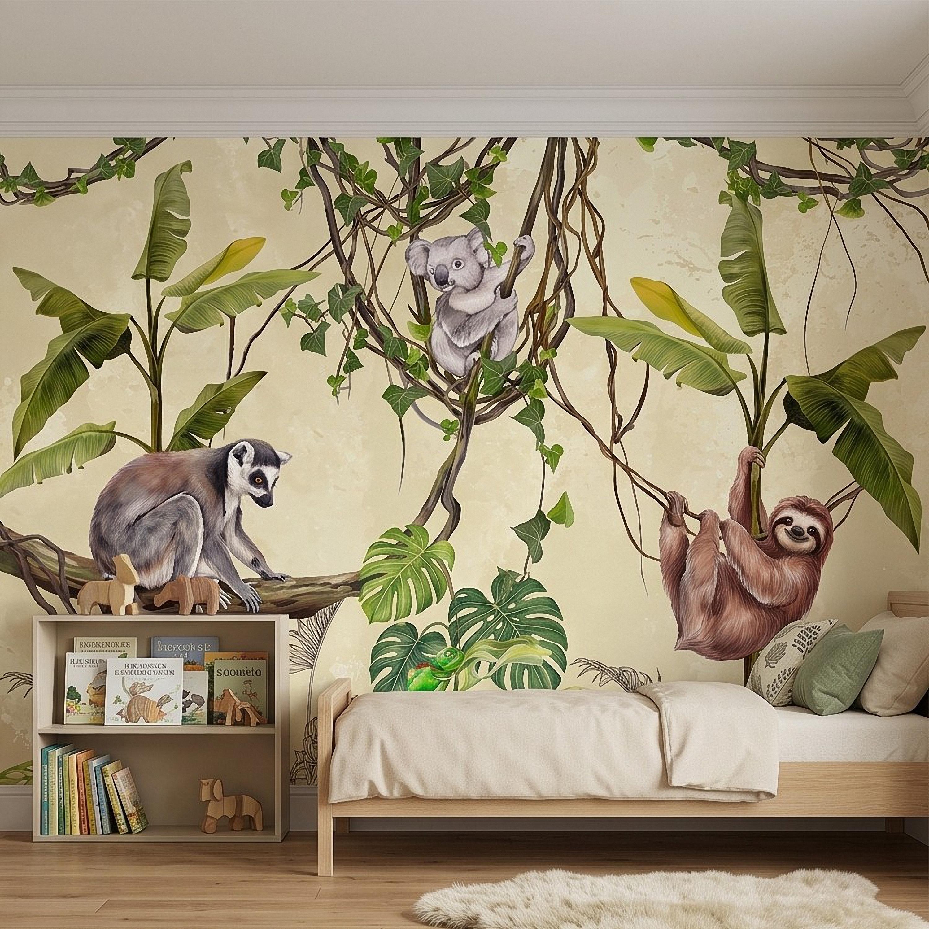 Tropical Jungle Animals Peel and Stick Wall Mural, Exotic Wildlife Hanging Vines Monstera Banana Leaves Botanical Kids Wallpaper