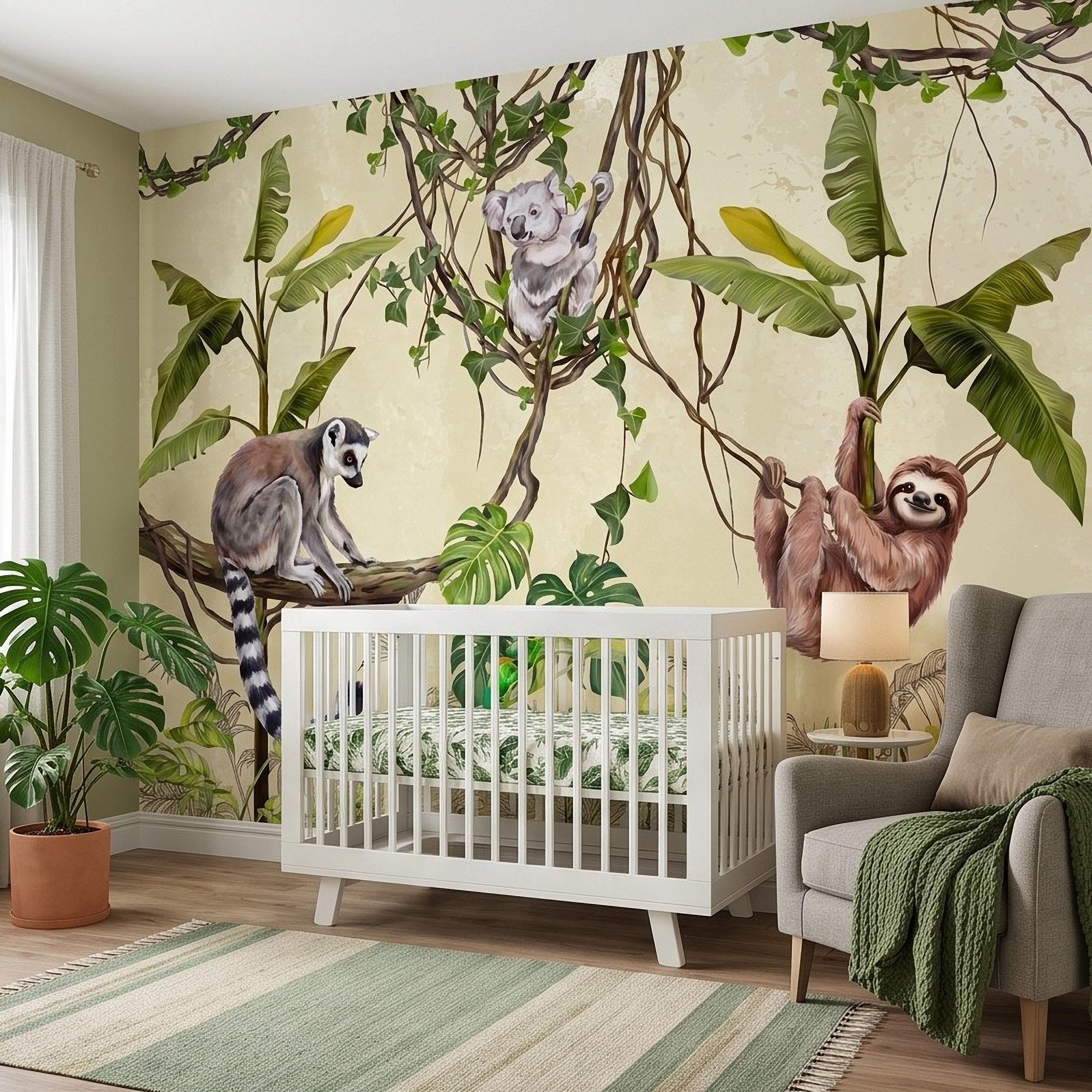 Tropical Jungle Animals Peel and Stick Wall Mural, Exotic Wildlife Hanging Vines Monstera Banana Leaves Botanical Kids Wallpaper