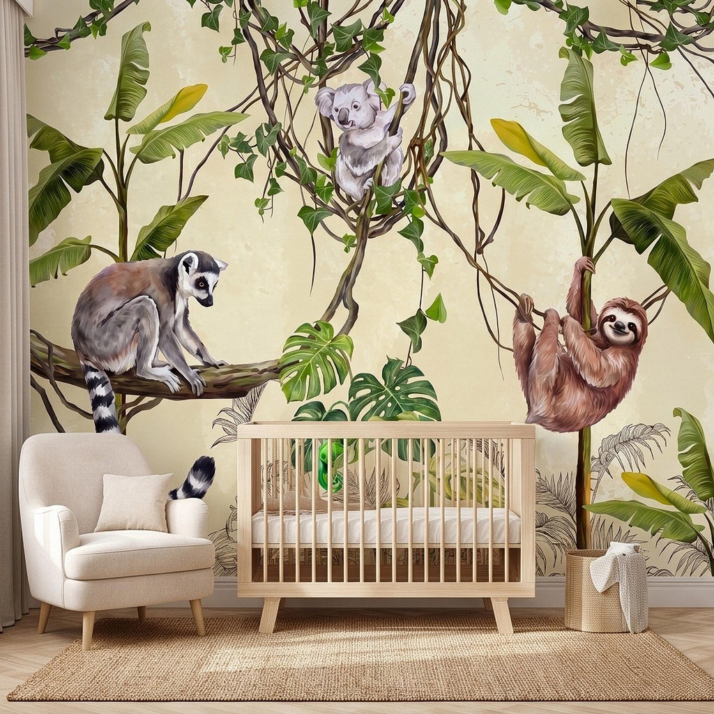 Tropical Jungle Animals Peel and Stick Wall Mural, Exotic Wildlife Hanging Vines Monstera Banana Leaves Botanical Kids Wallpaper