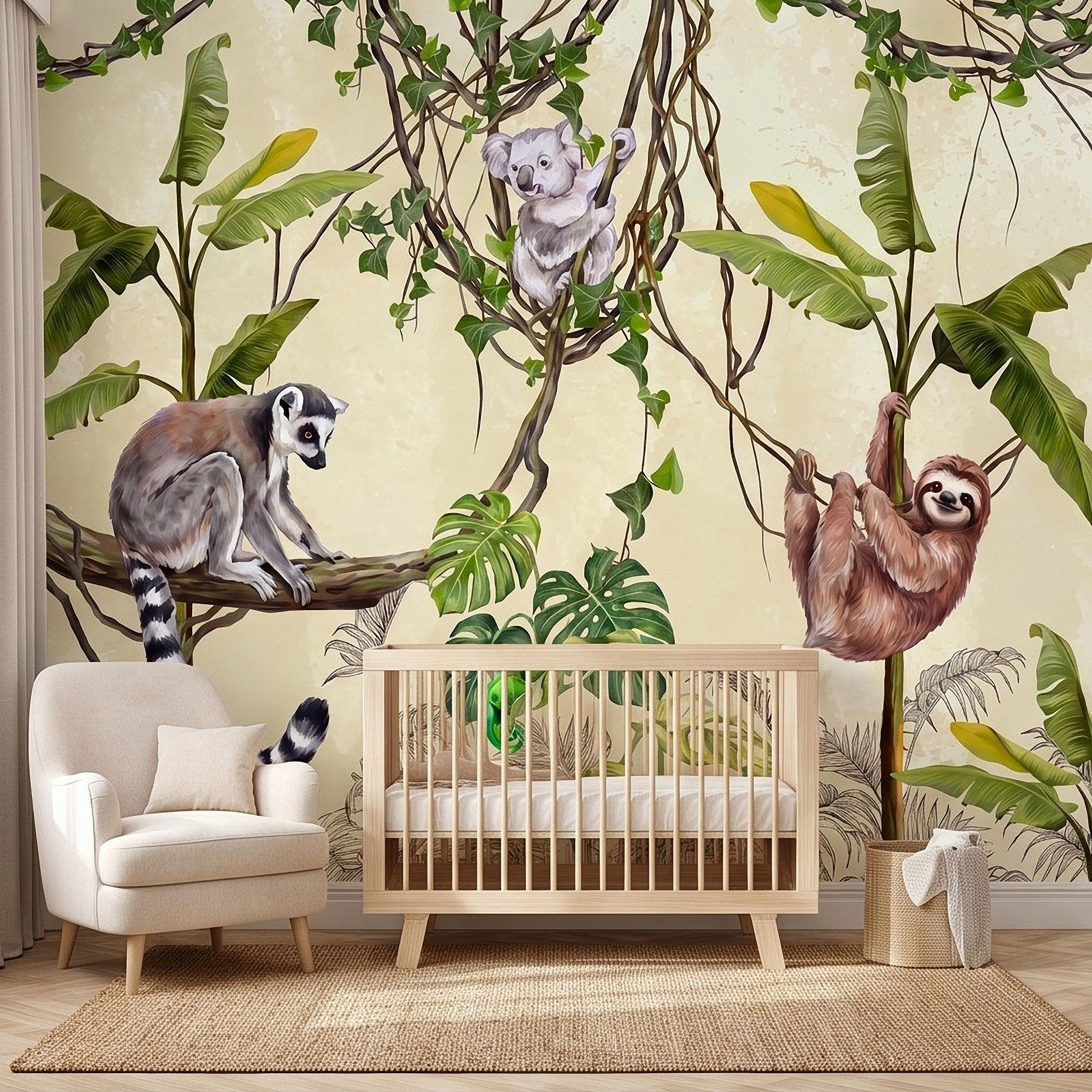 Tropical Jungle Animals Peel and Stick Wall Mural, Exotic Wildlife Hanging Vines Monstera Banana Leaves Botanical Kids Wallpaper