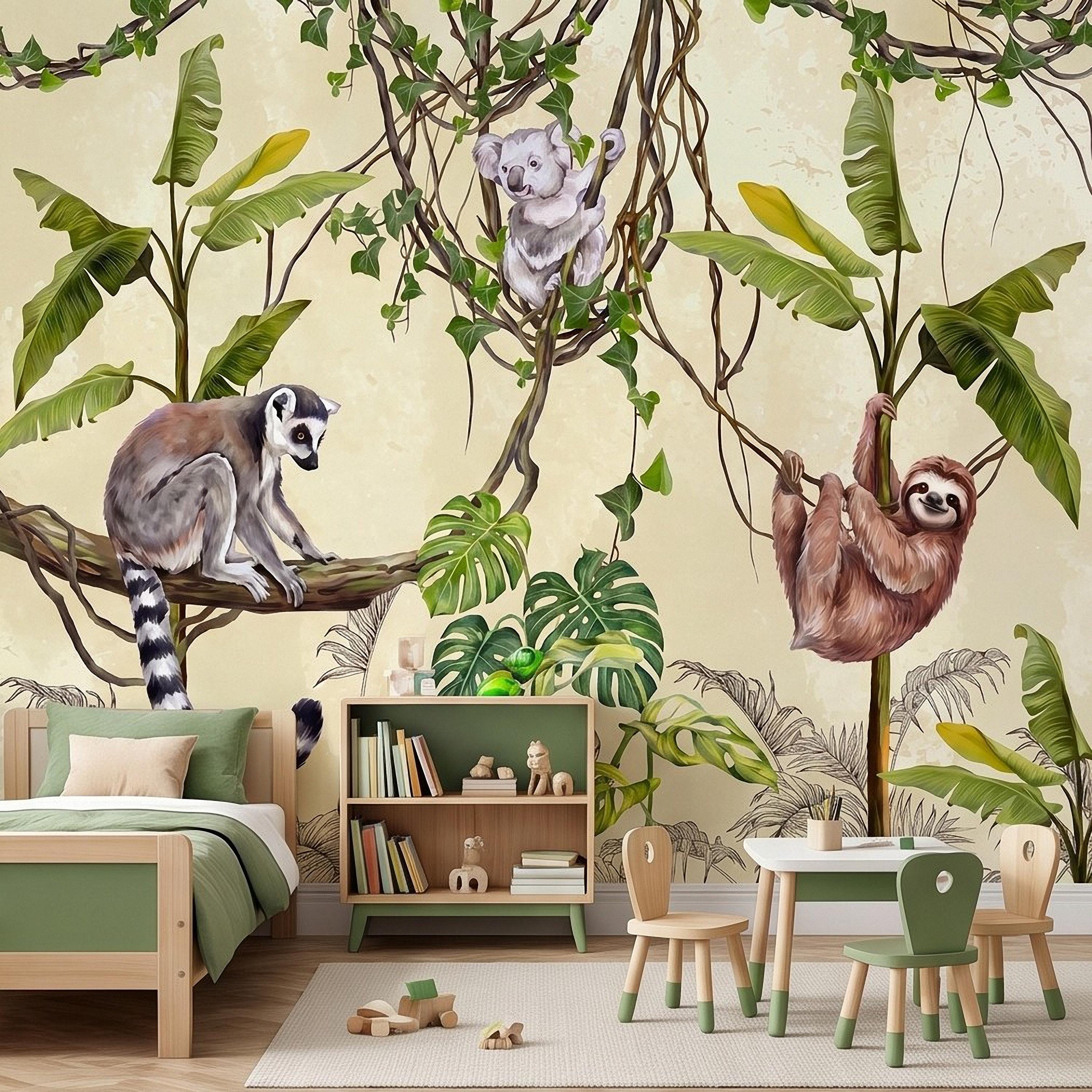 Tropical Jungle Animals Peel and Stick Wall Mural, Exotic Wildlife Hanging Vines Monstera Banana Leaves Botanical Kids Wallpaper
