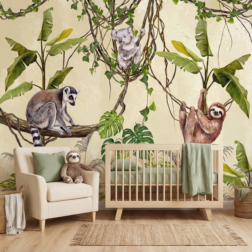Tropical Jungle Animals Peel and Stick Wall Mural, Exotic Wildlife Hanging Vines Monstera Banana Leaves Botanical Kids Wallpaper