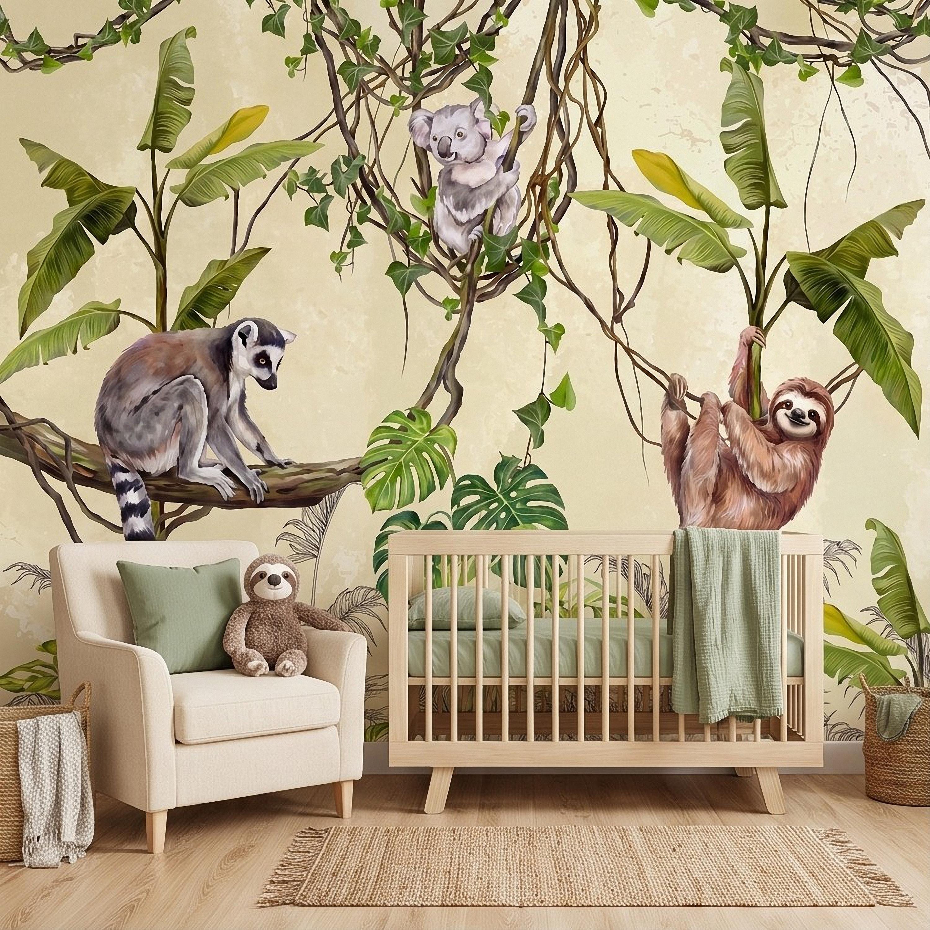 Tropical Jungle Animals Peel and Stick Wall Mural, Exotic Wildlife Hanging Vines Monstera Banana Leaves Botanical Kids Wallpaper