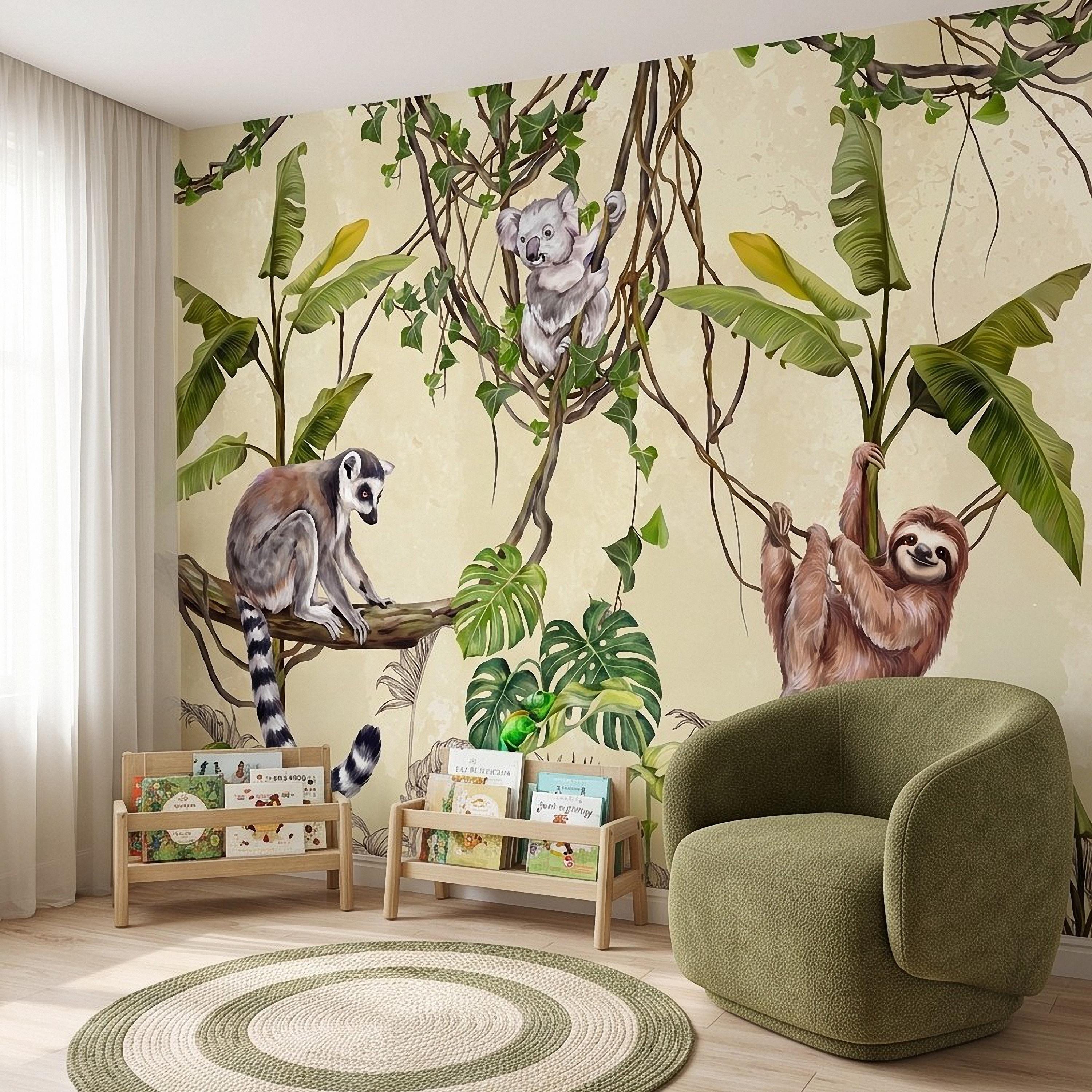 Tropical Jungle Animals Peel and Stick Wall Mural, Exotic Wildlife Hanging Vines Monstera Banana Leaves Botanical Kids Wallpaper