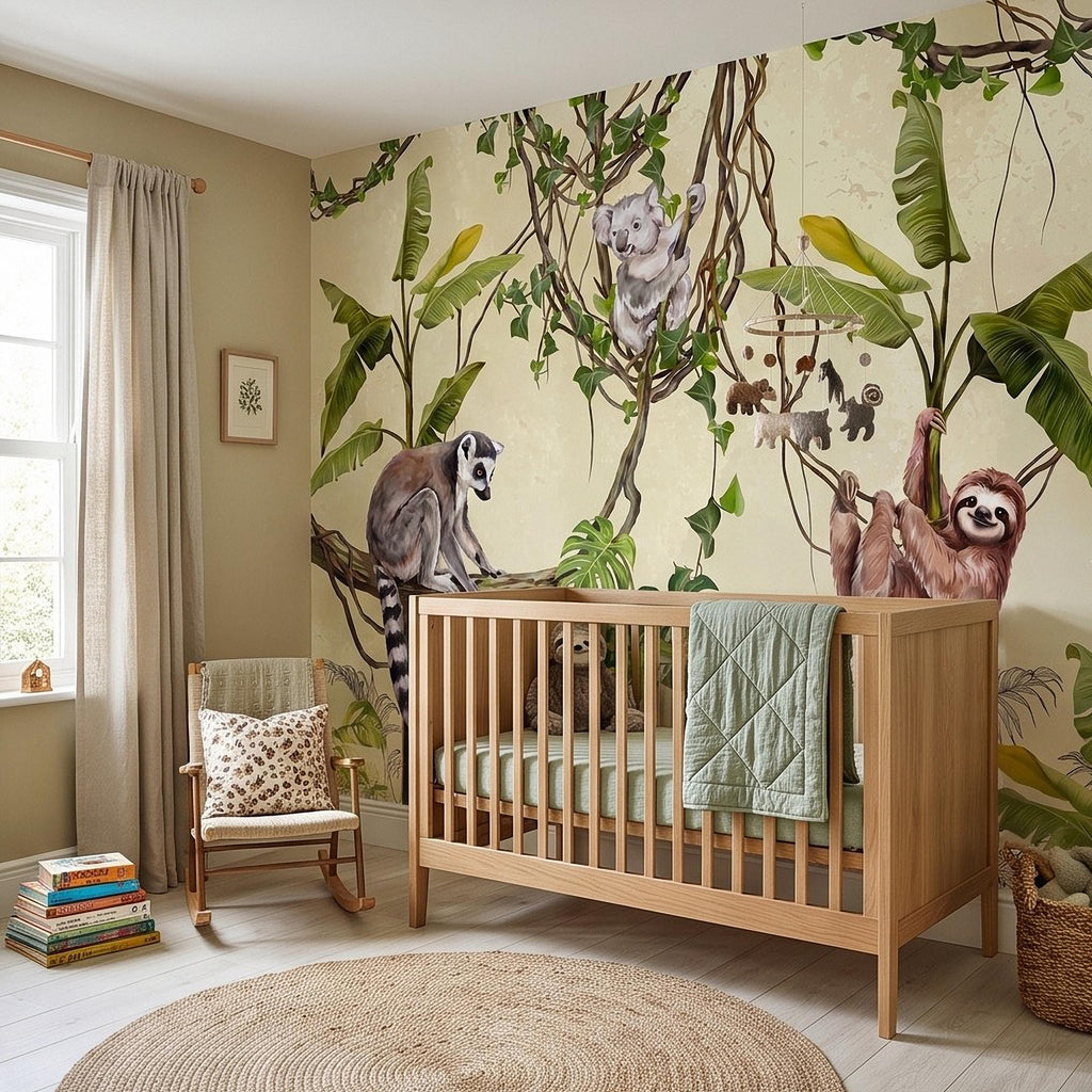 Tropical Jungle Animals Peel and Stick Wall Mural, Exotic Wildlife Hanging Vines Monstera Banana Leaves Botanical Kids Wallpaper