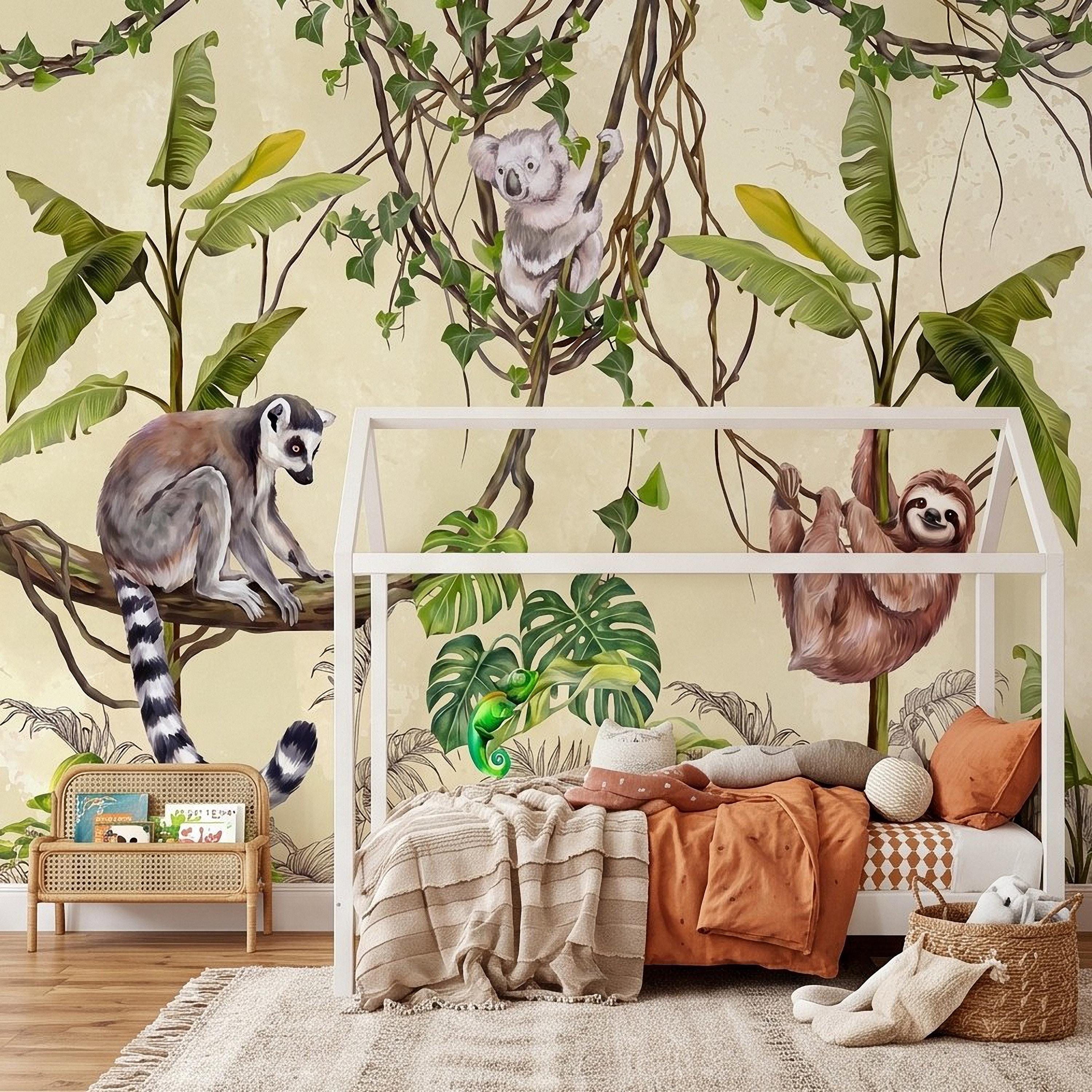 Tropical Jungle Animals Peel and Stick Wall Mural, Exotic Wildlife Hanging Vines Monstera Banana Leaves Botanical Kids Wallpaper