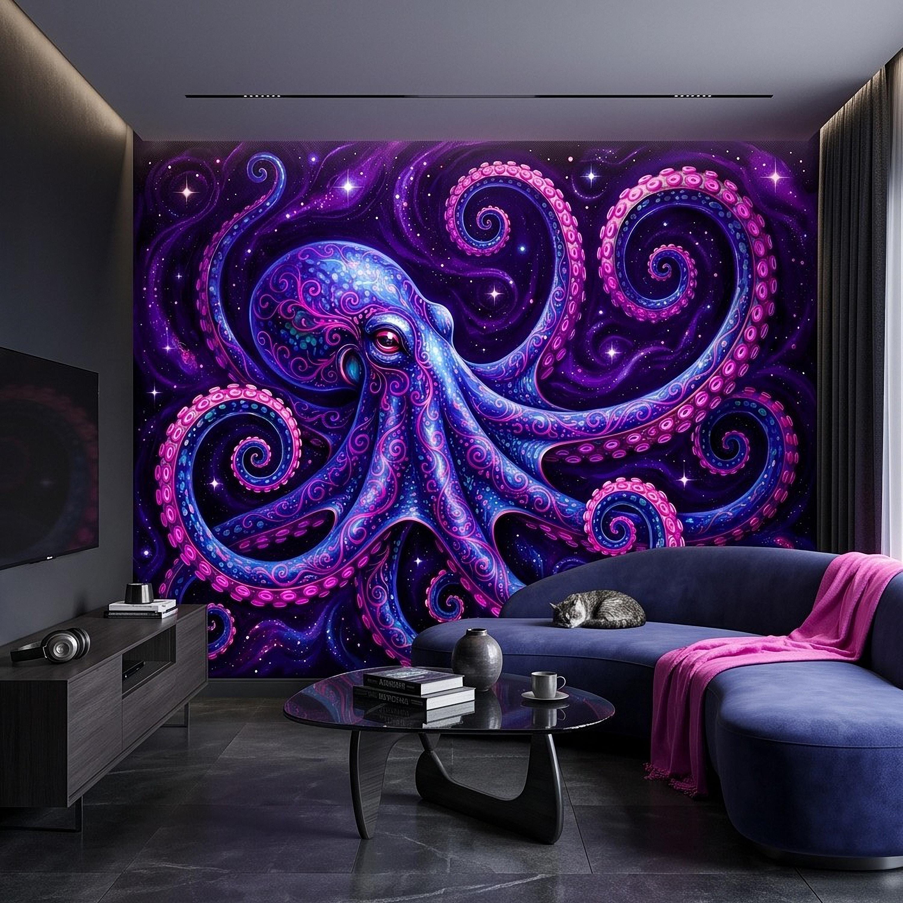 Neon Octopus Peel and Stick Wall Mural, Electric Blue Magenta Tentacles Purple Cosmic Ocean Psychedelic Celestial Fantasy Wallpaper