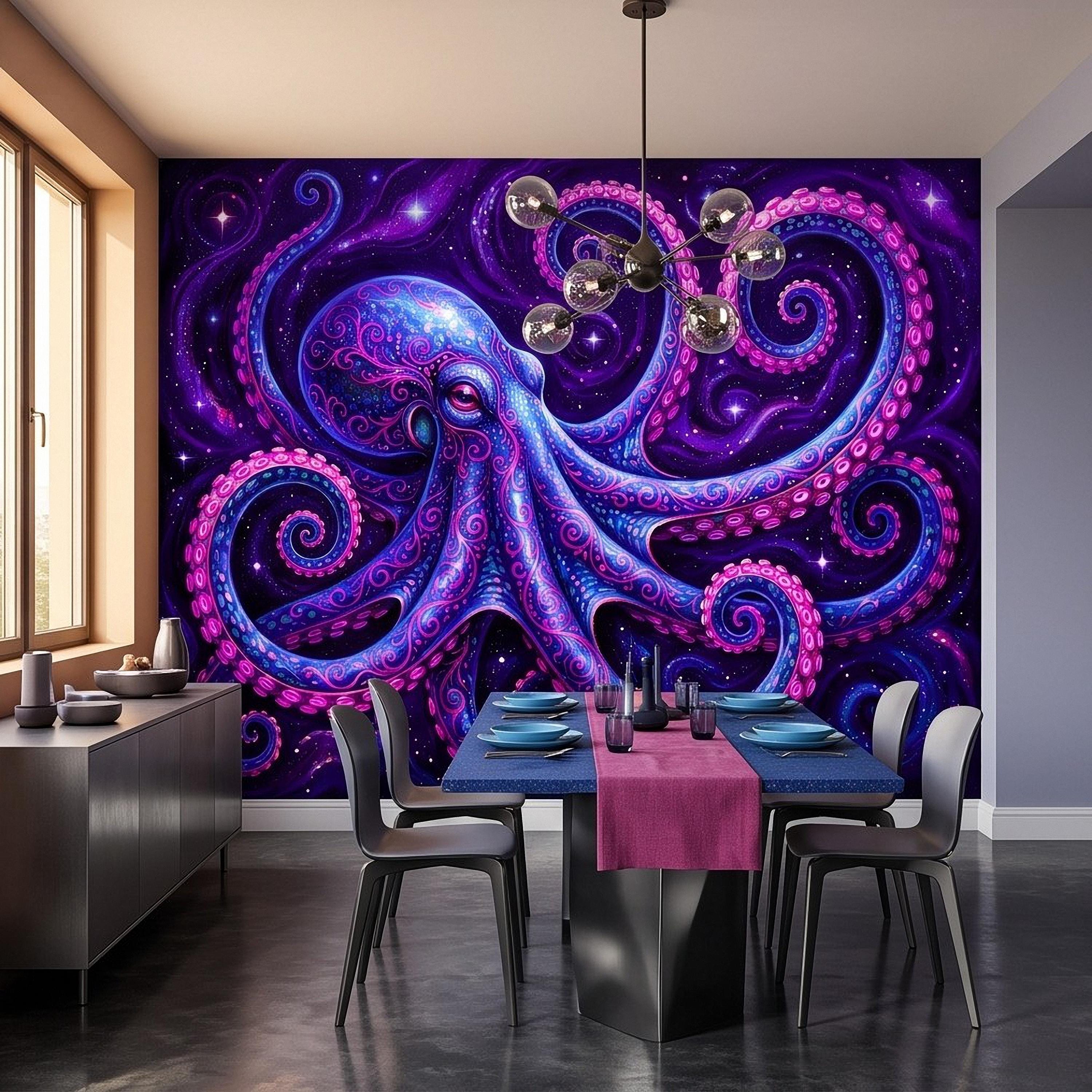 Neon Octopus Peel and Stick Wall Mural, Electric Blue Magenta Tentacles Purple Cosmic Ocean Psychedelic Celestial Fantasy Wallpaper