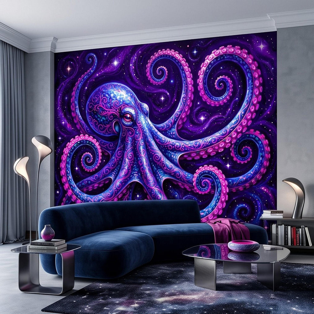 Neon Octopus Peel and Stick Wall Mural, Electric Blue Magenta Tentacles Purple Cosmic Ocean Psychedelic Celestial Fantasy Wallpaper