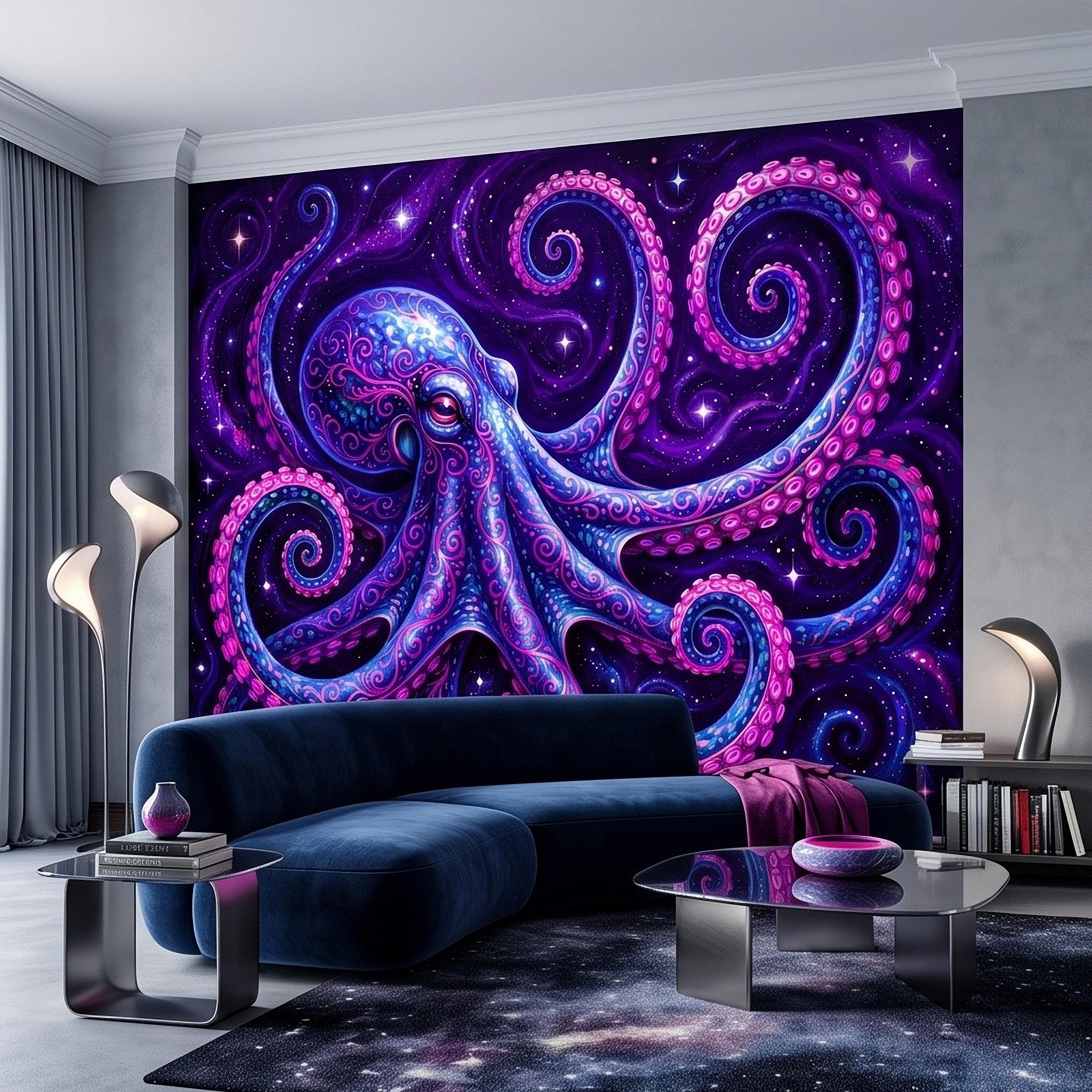 Neon Octopus Peel and Stick Wall Mural, Electric Blue Magenta Tentacles Purple Cosmic Ocean Psychedelic Celestial Fantasy Wallpaper