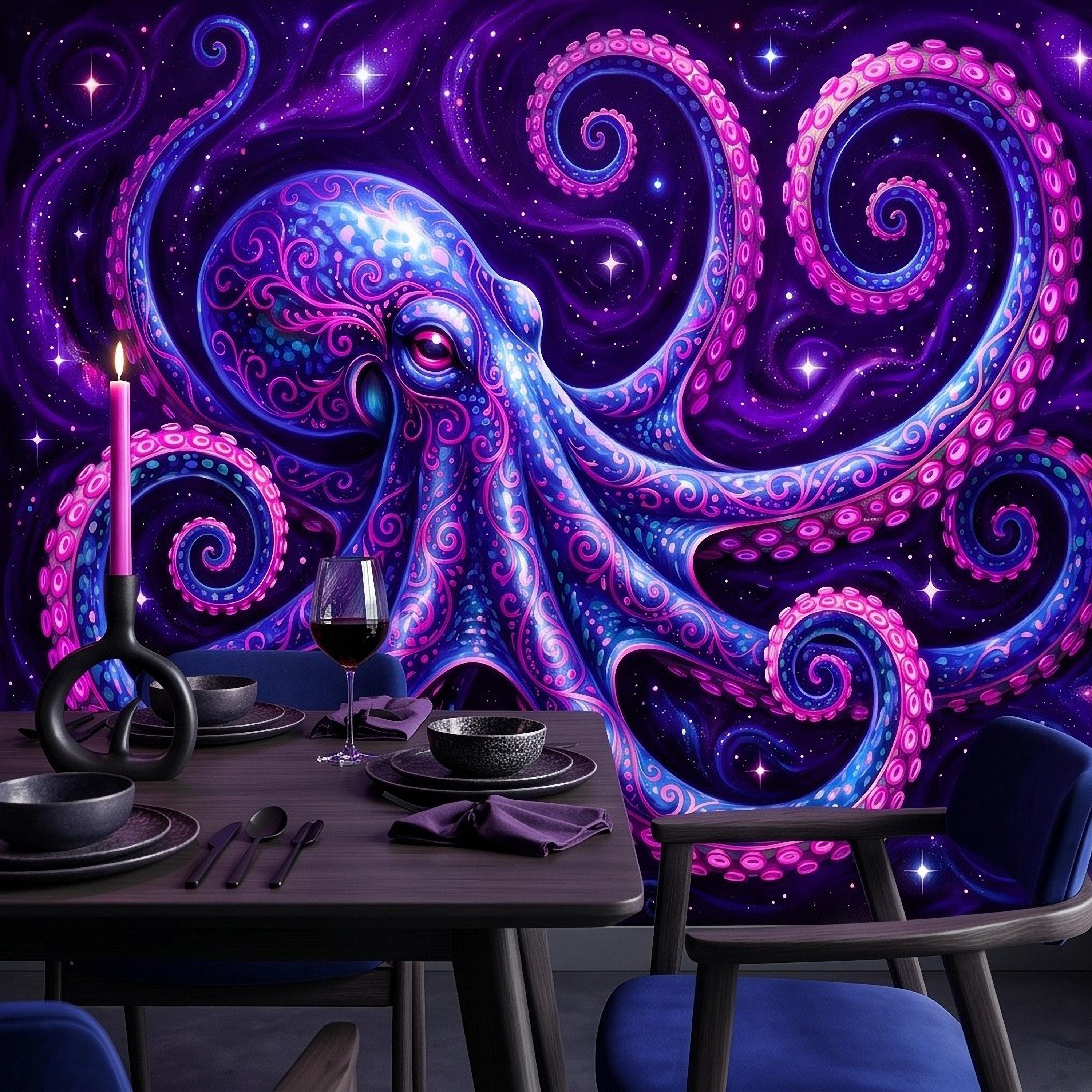 Neon Octopus Peel and Stick Wall Mural, Electric Blue Magenta Tentacles Purple Cosmic Ocean Psychedelic Celestial Fantasy Wallpaper