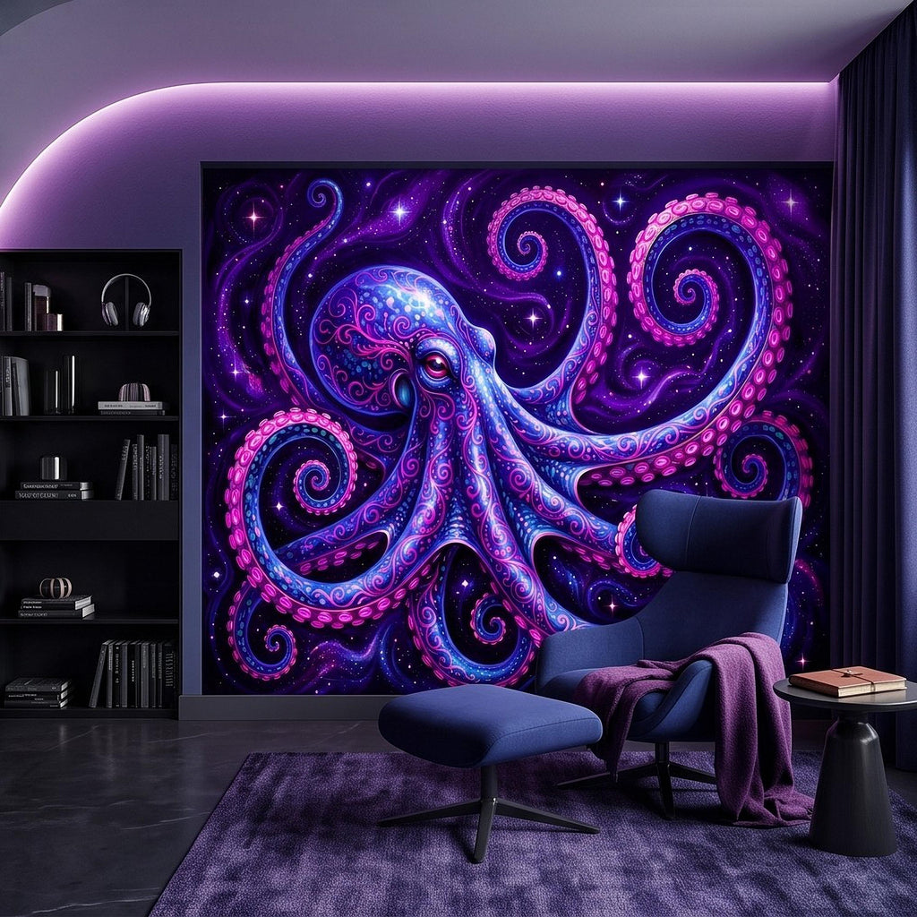 Neon Octopus Peel and Stick Wall Mural, Electric Blue Magenta Tentacles Purple Cosmic Ocean Psychedelic Celestial Fantasy Wallpaper