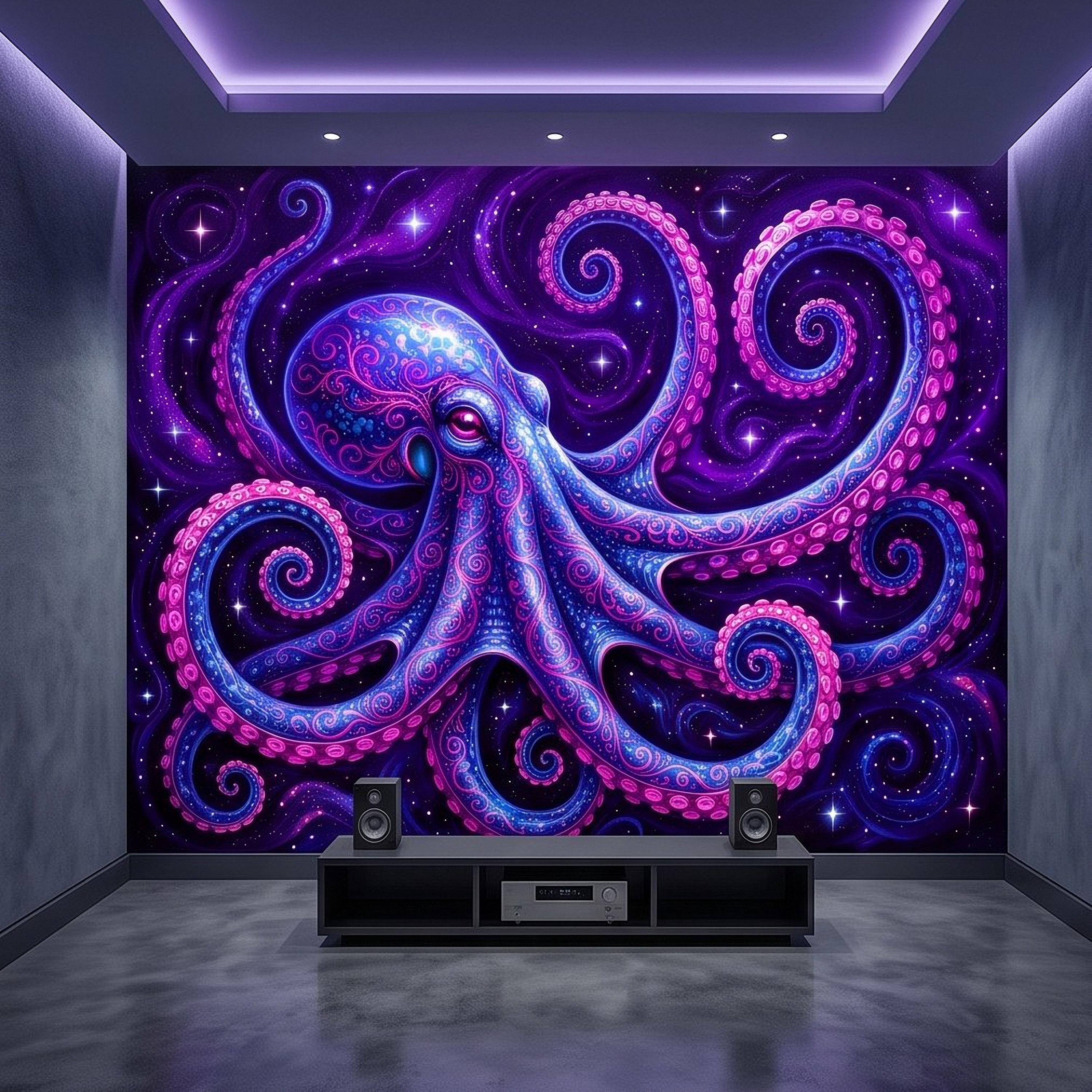 Neon Octopus Peel and Stick Wall Mural, Electric Blue Magenta Tentacles Purple Cosmic Ocean Psychedelic Celestial Fantasy Wallpaper