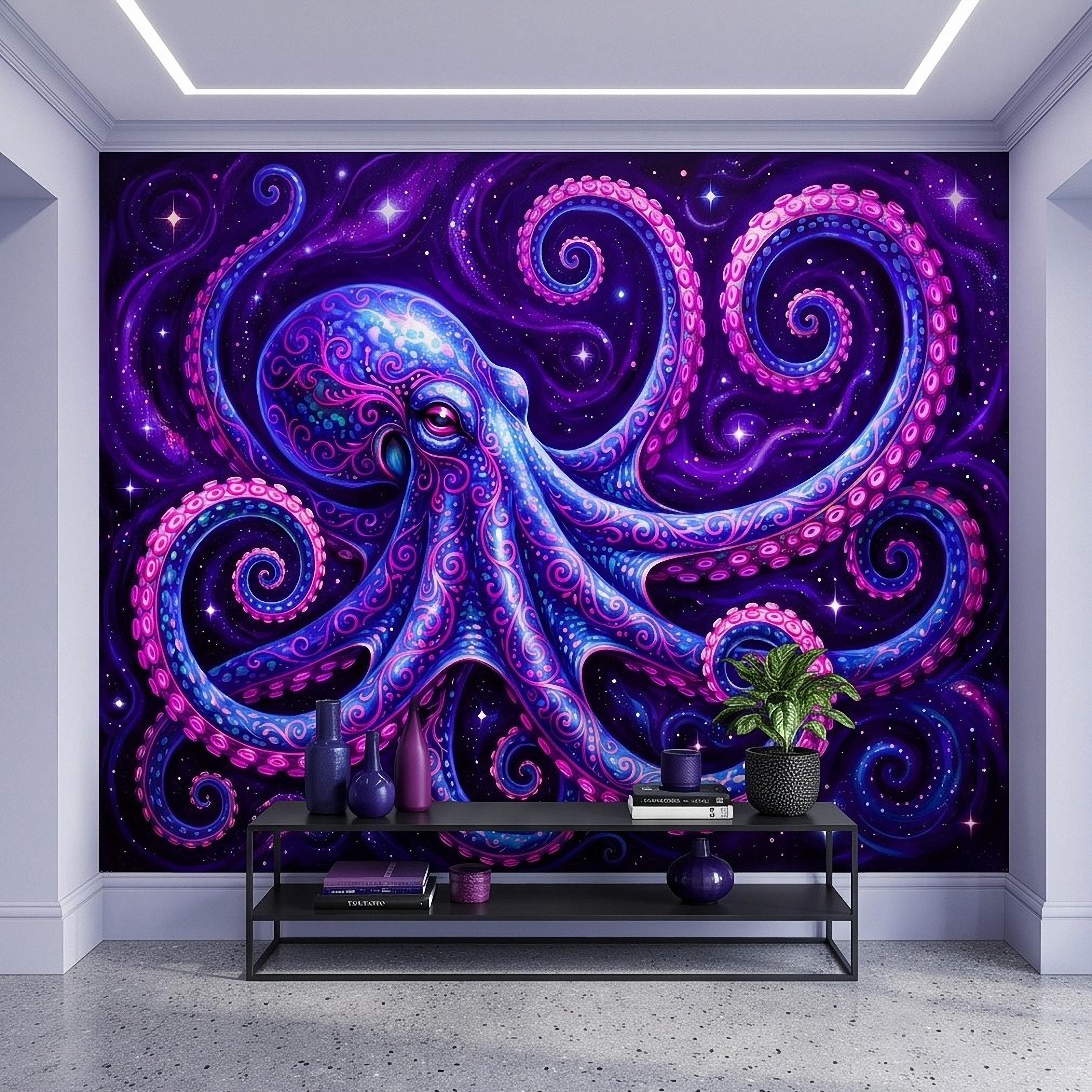 Neon Octopus Peel and Stick Wall Mural, Electric Blue Magenta Tentacles Purple Cosmic Ocean Psychedelic Celestial Fantasy Wallpaper