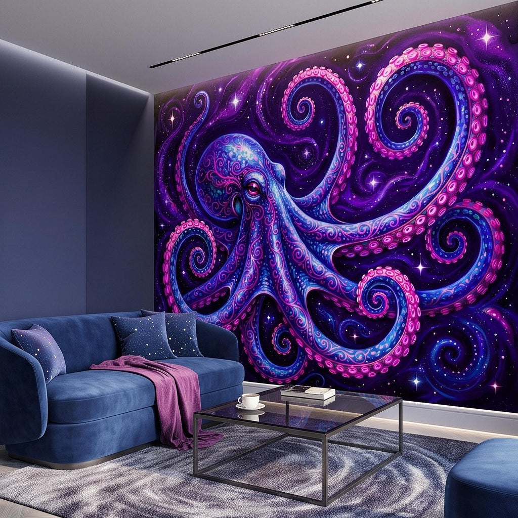 Neon Octopus Peel and Stick Wall Mural, Electric Blue Magenta Tentacles Purple Cosmic Ocean Psychedelic Celestial Fantasy Wallpaper