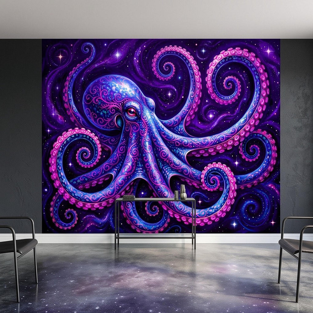 Neon Octopus Peel and Stick Wall Mural, Electric Blue Magenta Tentacles Purple Cosmic Ocean Psychedelic Celestial Fantasy Wallpaper