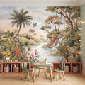 Tropical Jungle Peel and Stick Wall Mural, Exotic Birds Wildlife Lush Botanical River Waterfall Watercolor Rainforest Wallpaper