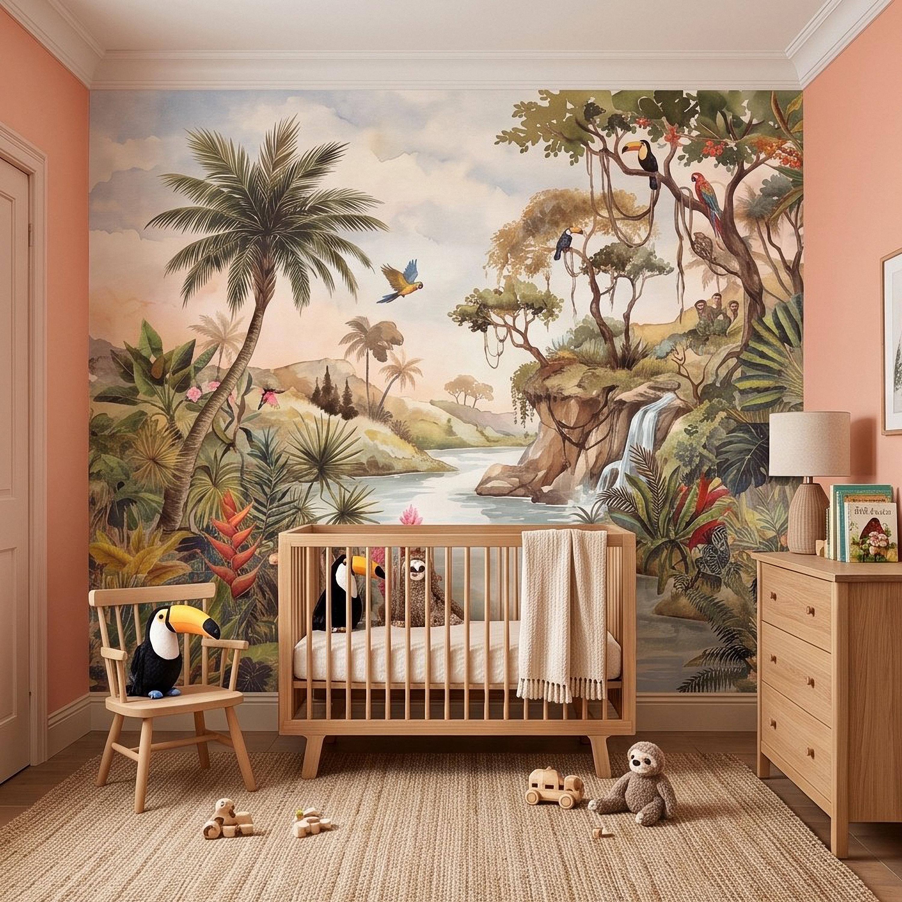 Tropical Jungle Peel and Stick Wall Mural, Exotic Birds Wildlife Lush Botanical River Waterfall Watercolor Rainforest Wallpaper