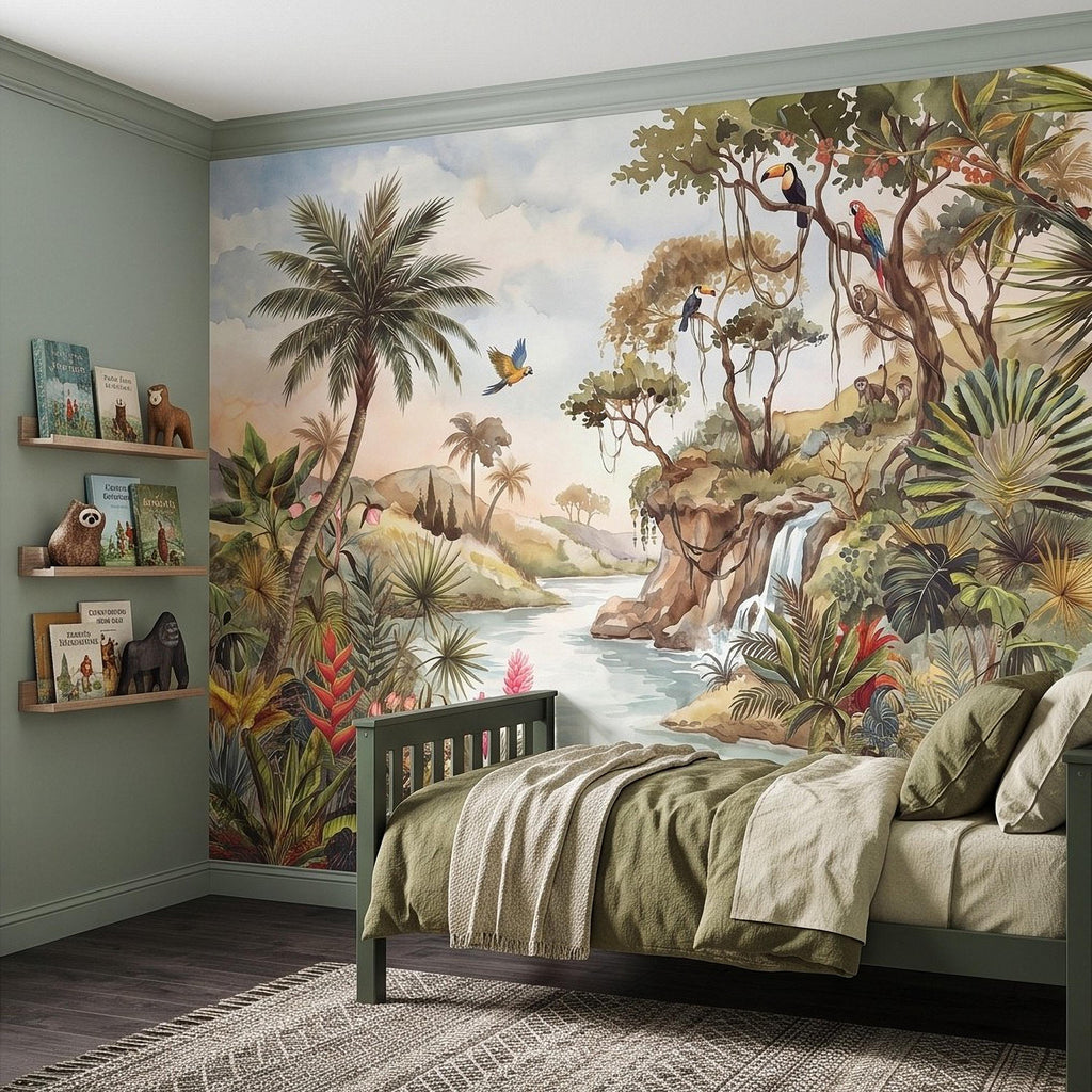 Tropical Jungle Peel and Stick Wall Mural, Exotic Birds Wildlife Lush Botanical River Waterfall Watercolor Rainforest Wallpaper