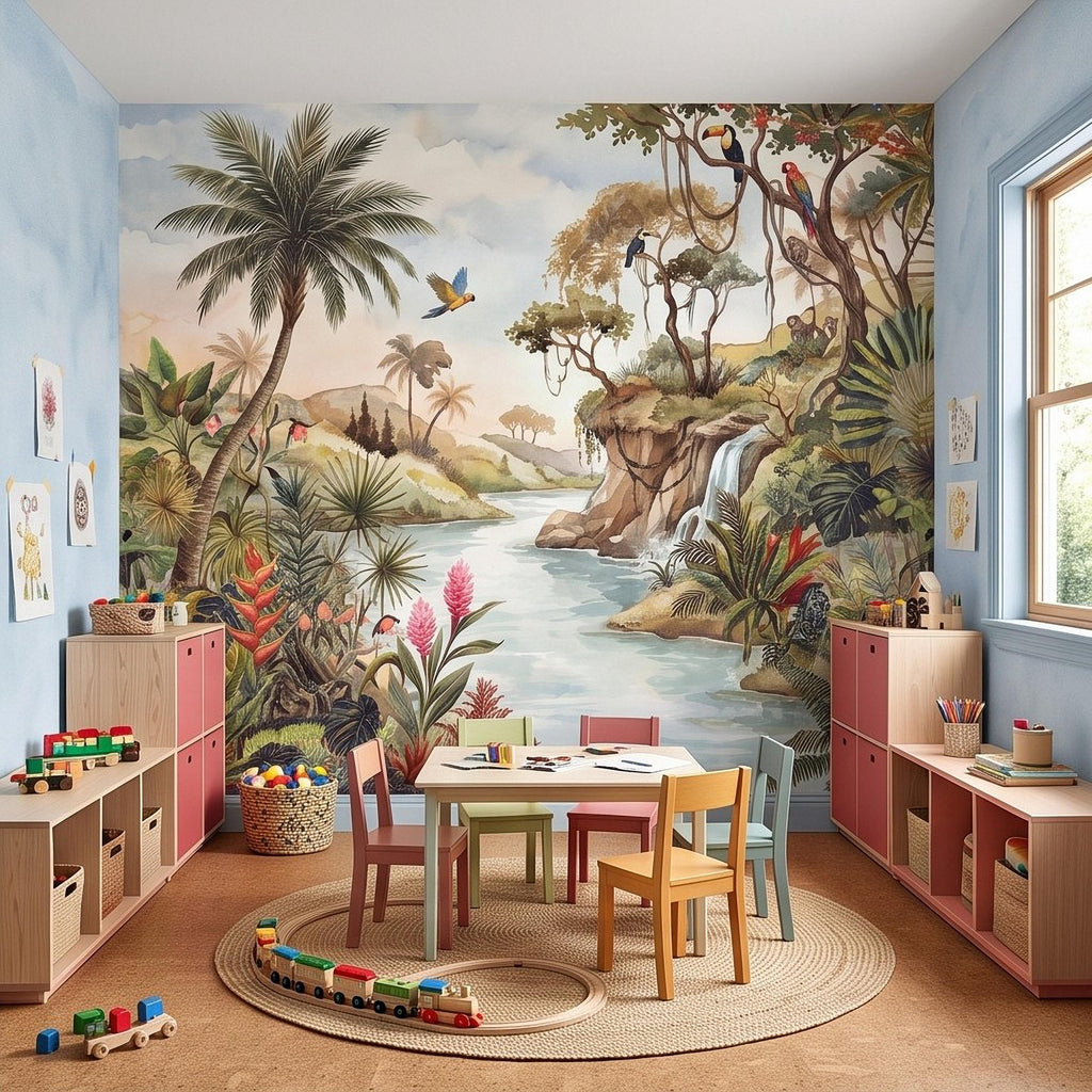 Tropical Jungle Peel and Stick Wall Mural, Exotic Birds Wildlife Lush Botanical River Waterfall Watercolor Rainforest Wallpaper