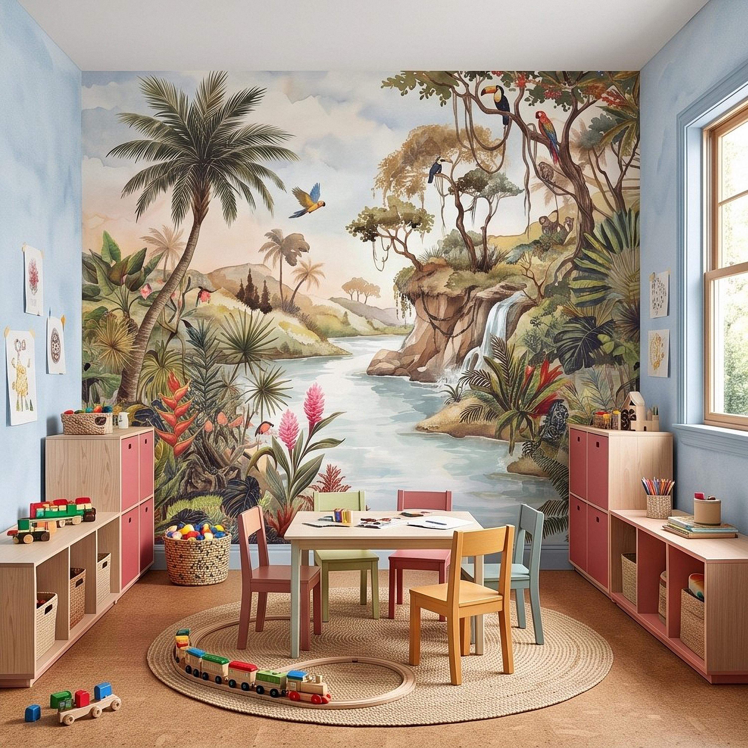 Tropical Jungle Peel and Stick Wall Mural, Exotic Birds Wildlife Lush Botanical River Waterfall Watercolor Rainforest Wallpaper