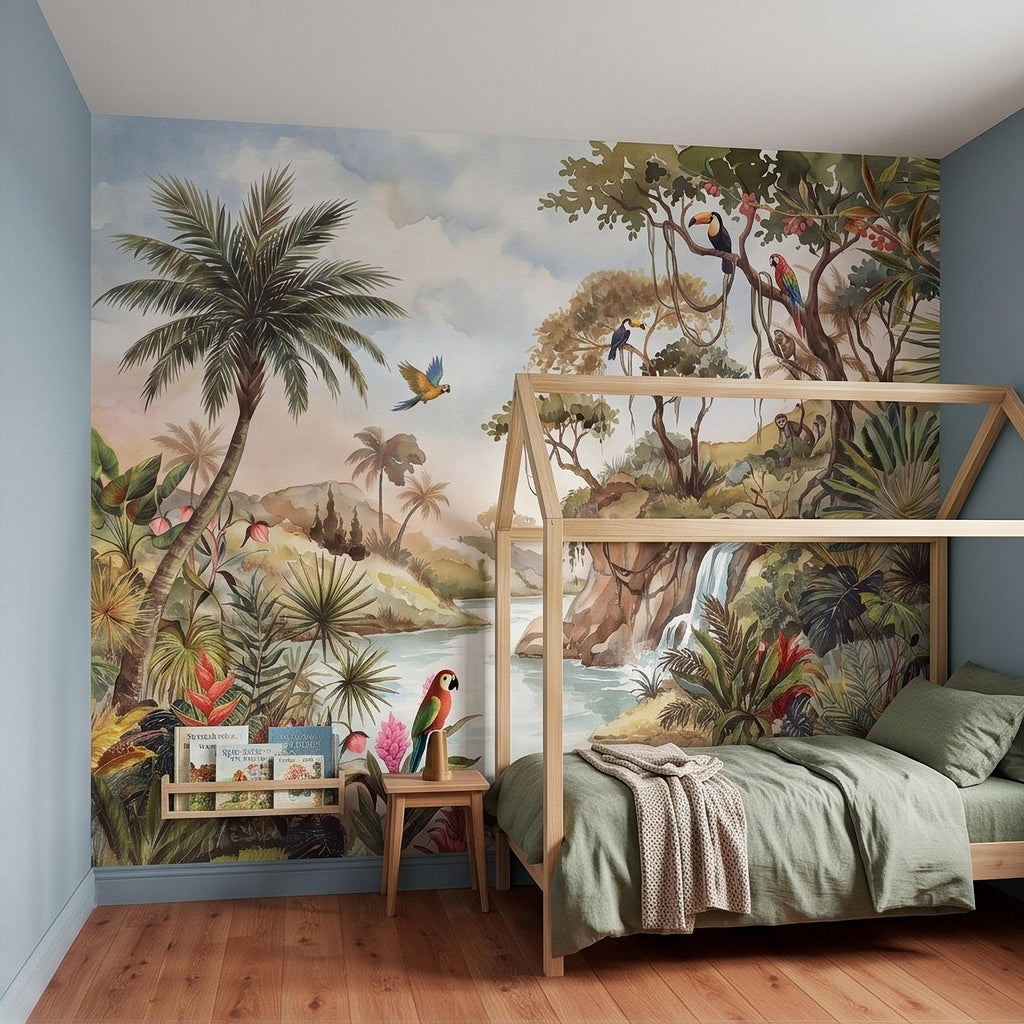 Tropical Jungle Peel and Stick Wall Mural, Exotic Birds Wildlife Lush Botanical River Waterfall Watercolor Rainforest Wallpaper