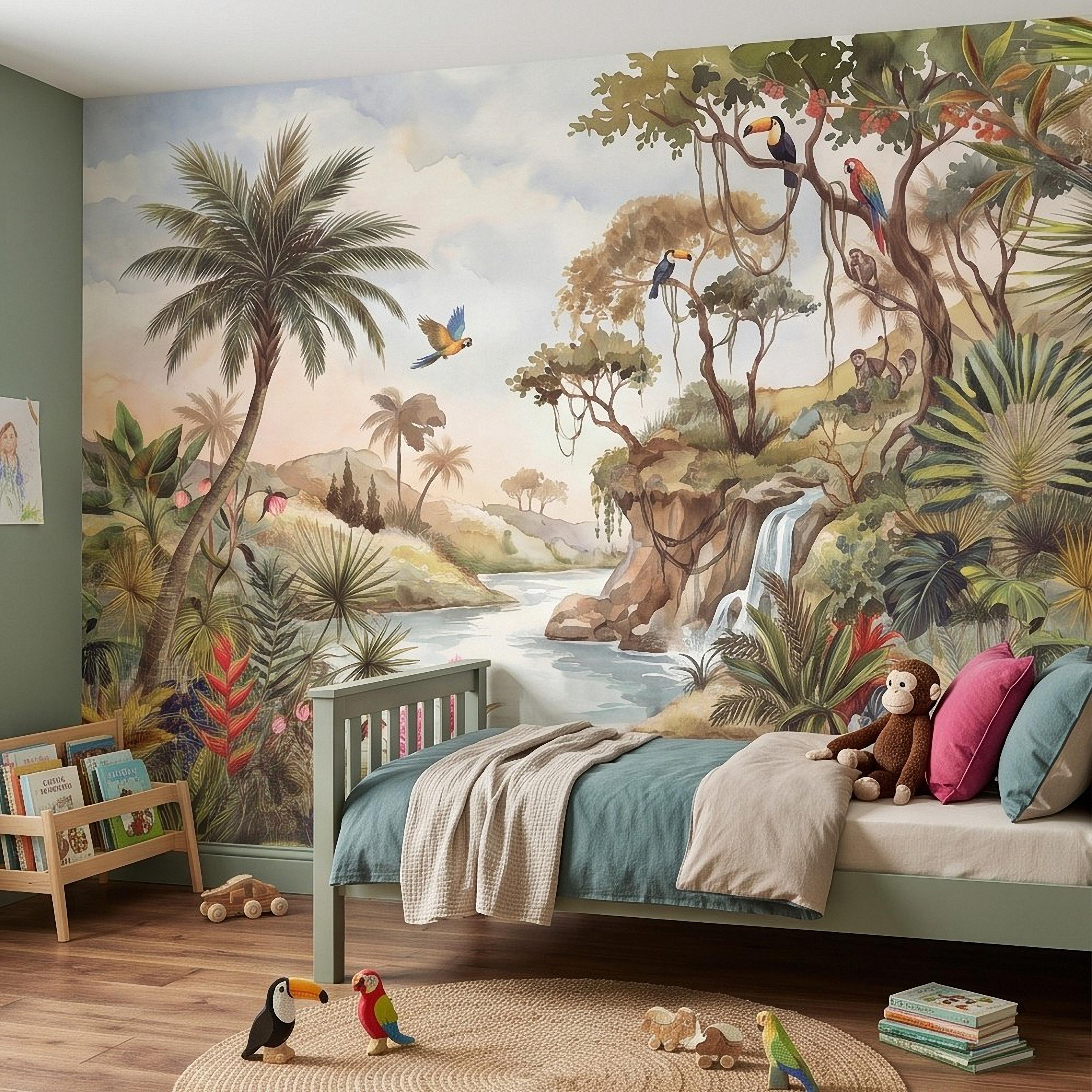 Tropical Jungle Peel and Stick Wall Mural, Exotic Birds Wildlife Lush Botanical River Waterfall Watercolor Rainforest Wallpaper