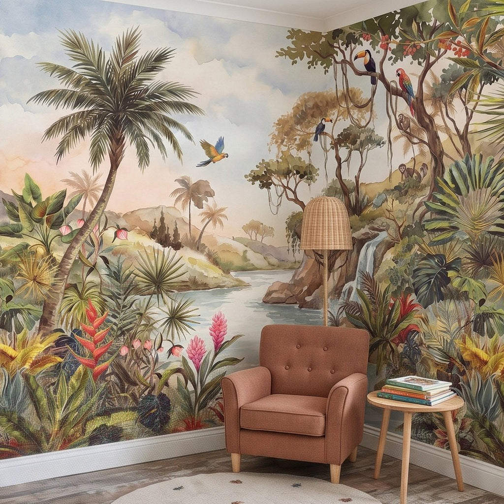 Tropical Jungle Peel and Stick Wall Mural, Exotic Birds Wildlife Lush Botanical River Waterfall Watercolor Rainforest Wallpaper