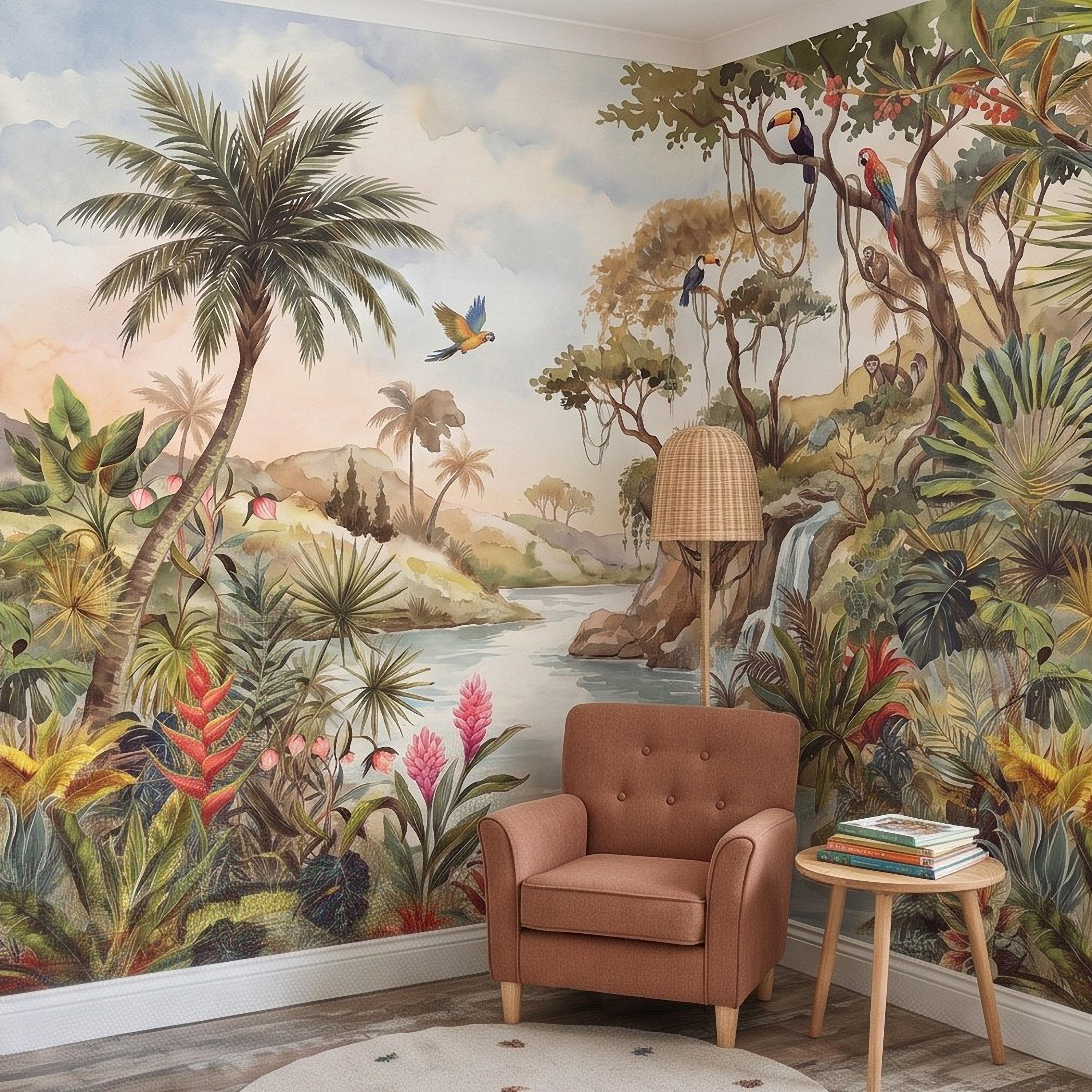 Tropical Jungle Peel and Stick Wall Mural, Exotic Birds Wildlife Lush Botanical River Waterfall Watercolor Rainforest Wallpaper