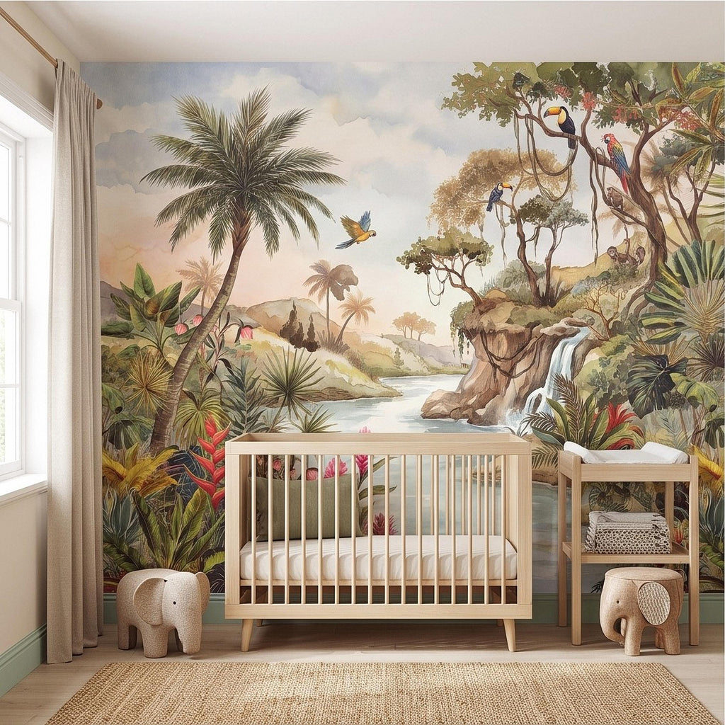 Tropical Jungle Peel and Stick Wall Mural, Exotic Birds Wildlife Lush Botanical River Waterfall Watercolor Rainforest Wallpaper