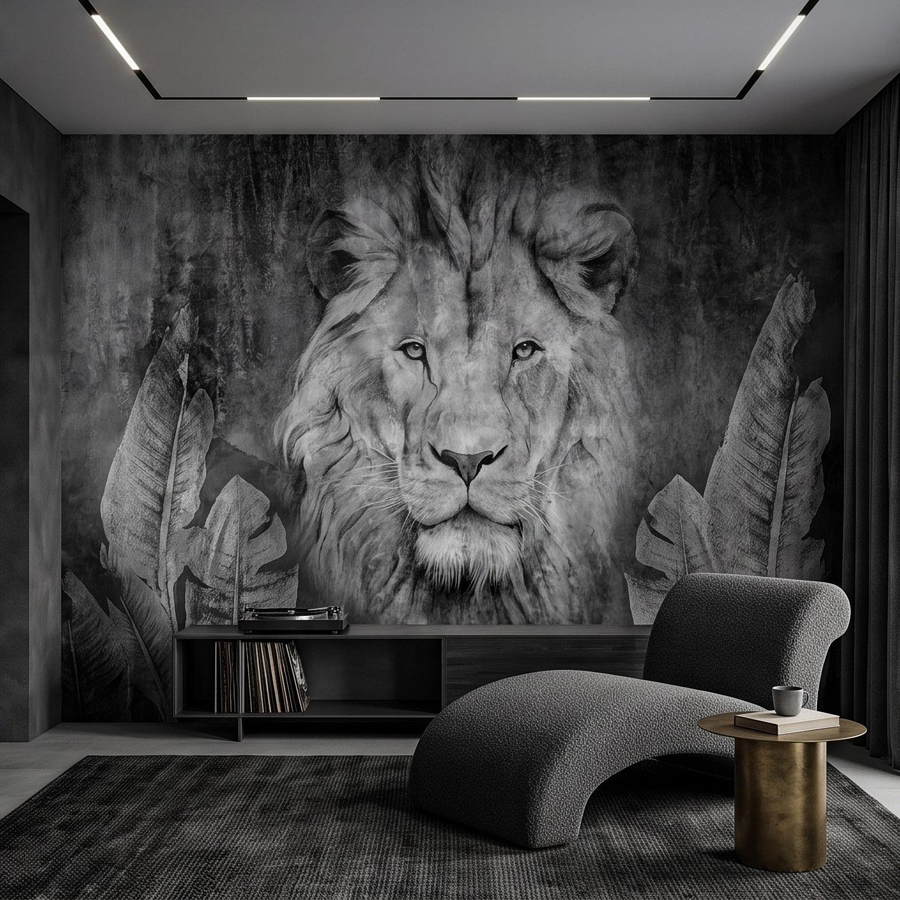 Majestic Lion Peel and Stick Wall Mural, Black and White Wildlife Portrait Dark Concrete Texture Tropical Botanical Wallpaper