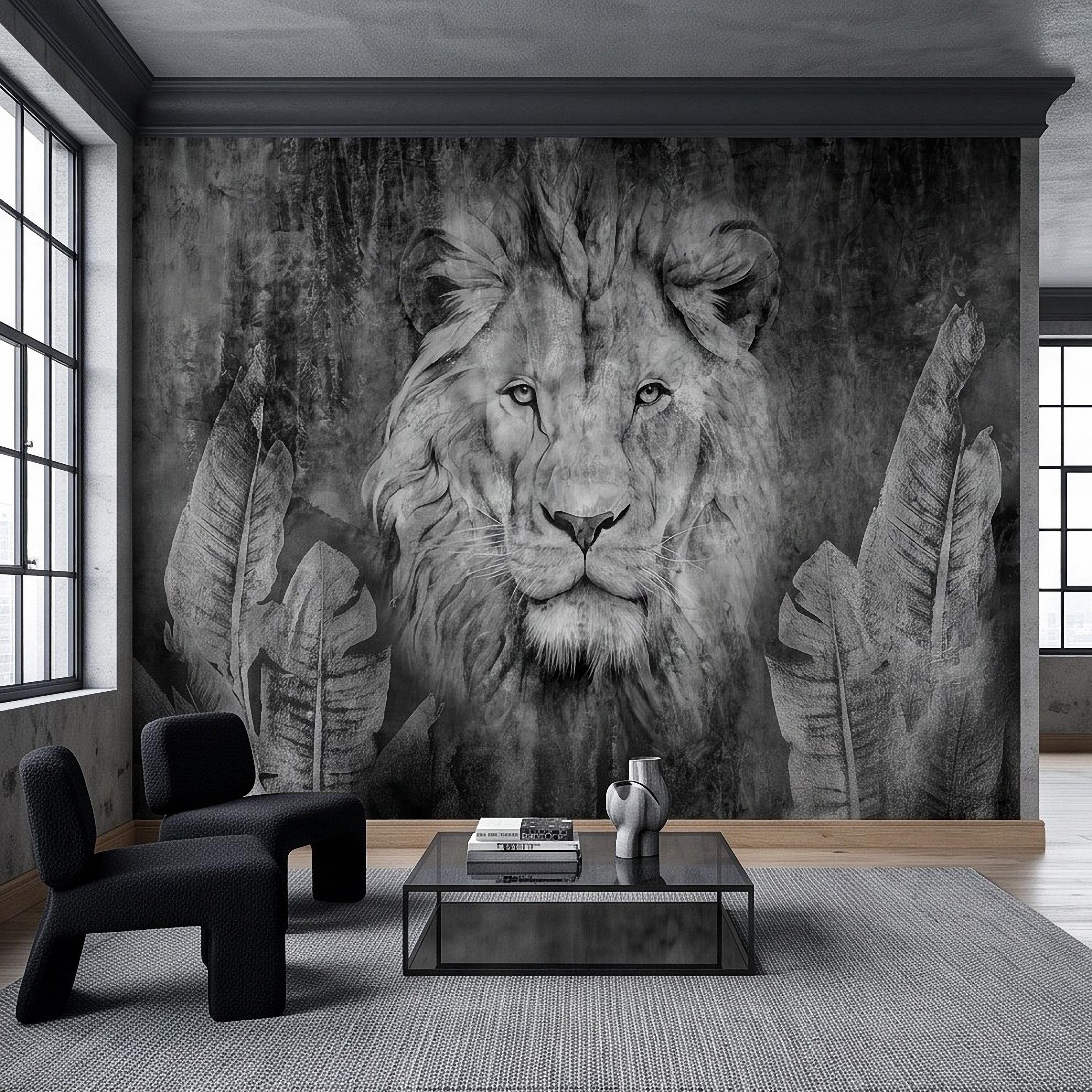 Majestic Lion Peel and Stick Wall Mural, Black and White Wildlife Portrait Dark Concrete Texture Tropical Botanical Wallpaper