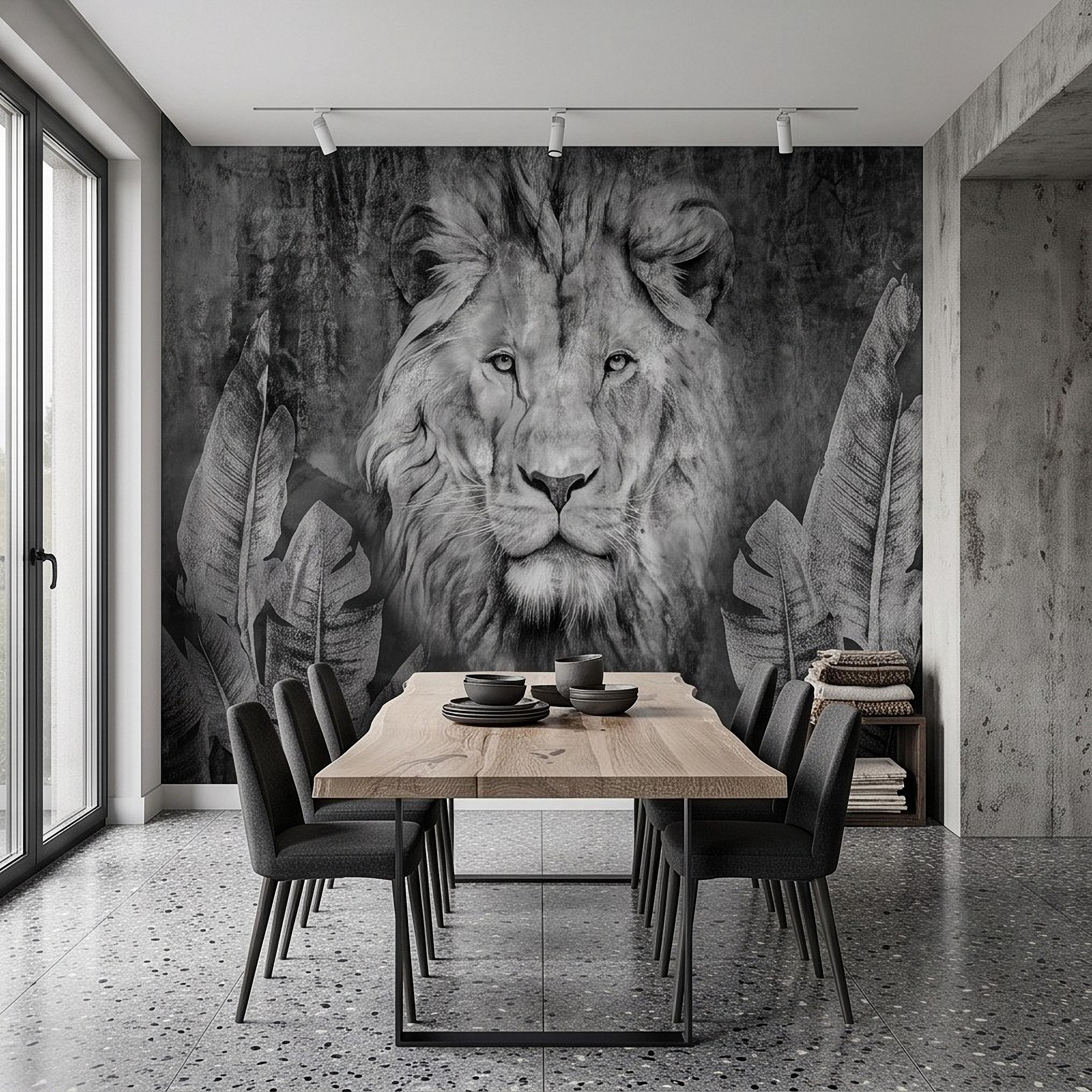 Majestic Lion Peel and Stick Wall Mural, Black and White Wildlife Portrait Dark Concrete Texture Tropical Botanical Wallpaper
