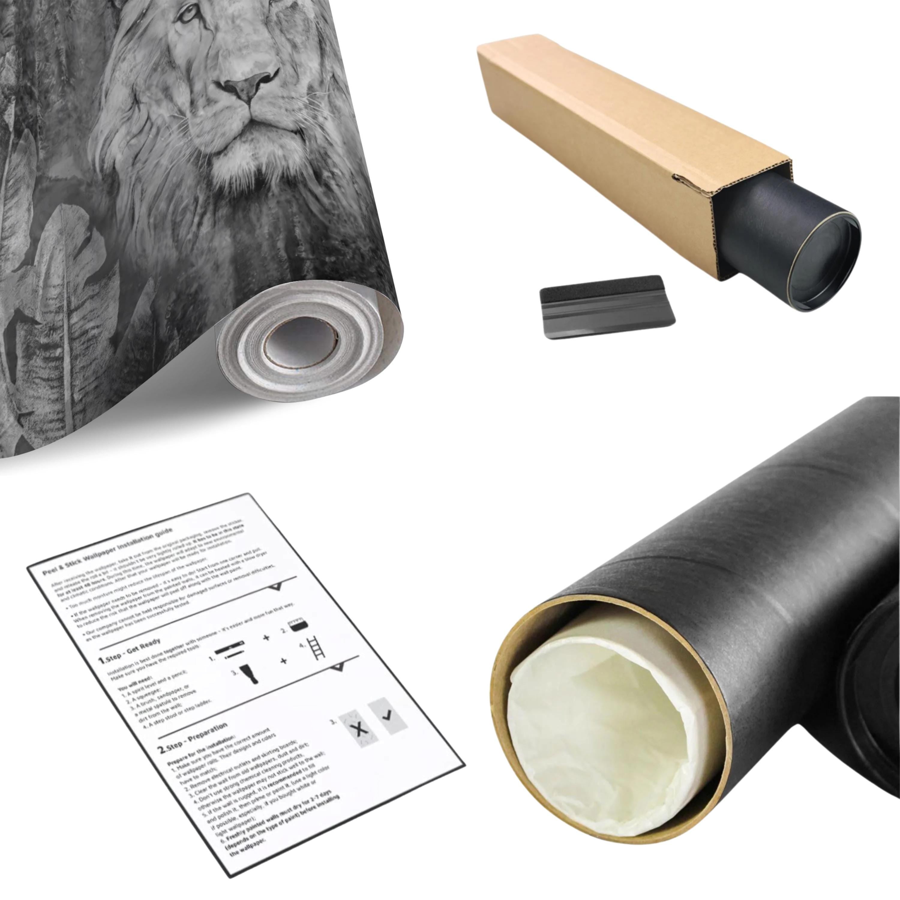 Majestic Lion Peel and Stick Wall Mural, Black and White Wildlife Portrait Dark Concrete Texture Tropical Botanical Wallpaper