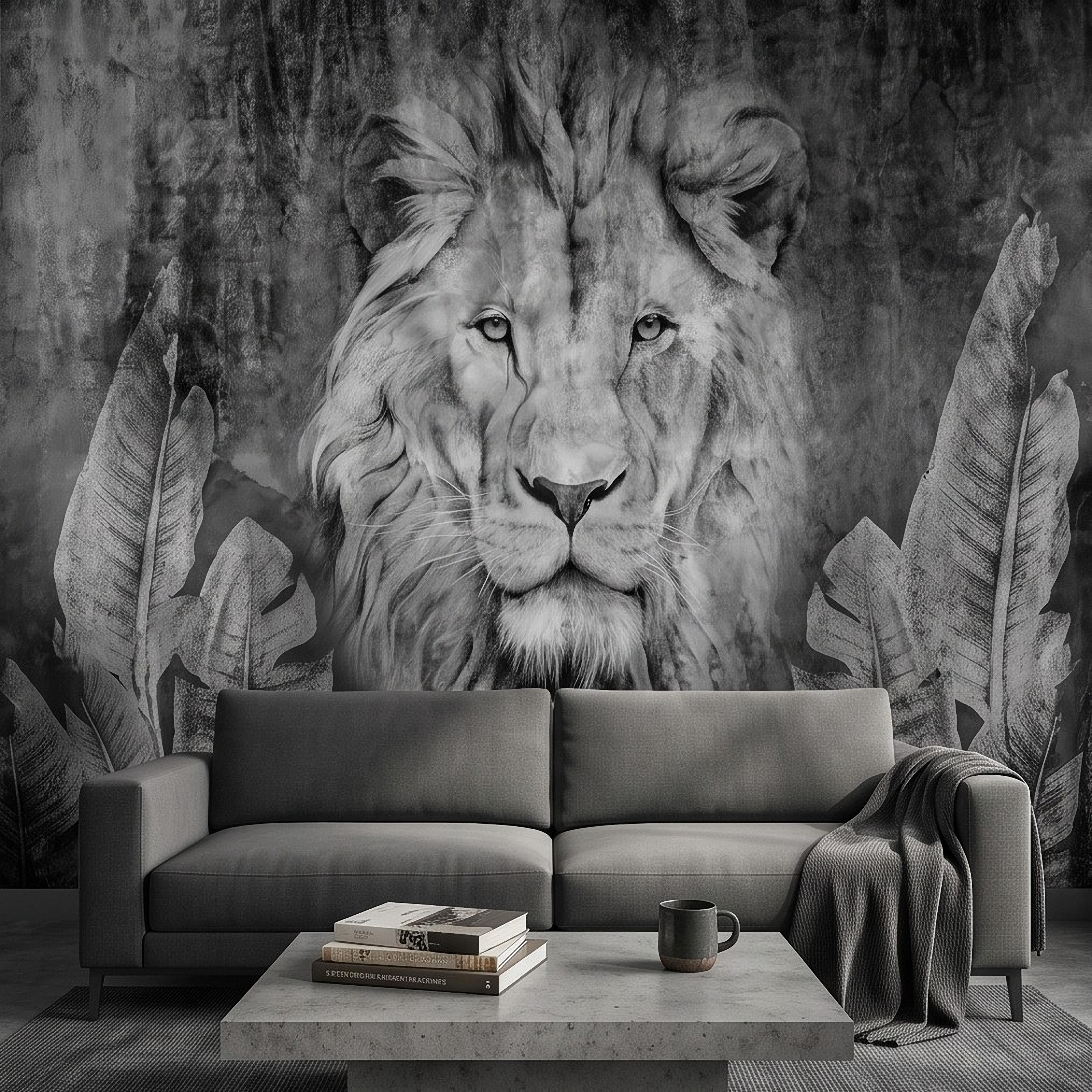 Majestic Lion Peel and Stick Wall Mural, Black and White Wildlife Portrait Dark Concrete Texture Tropical Botanical Wallpaper