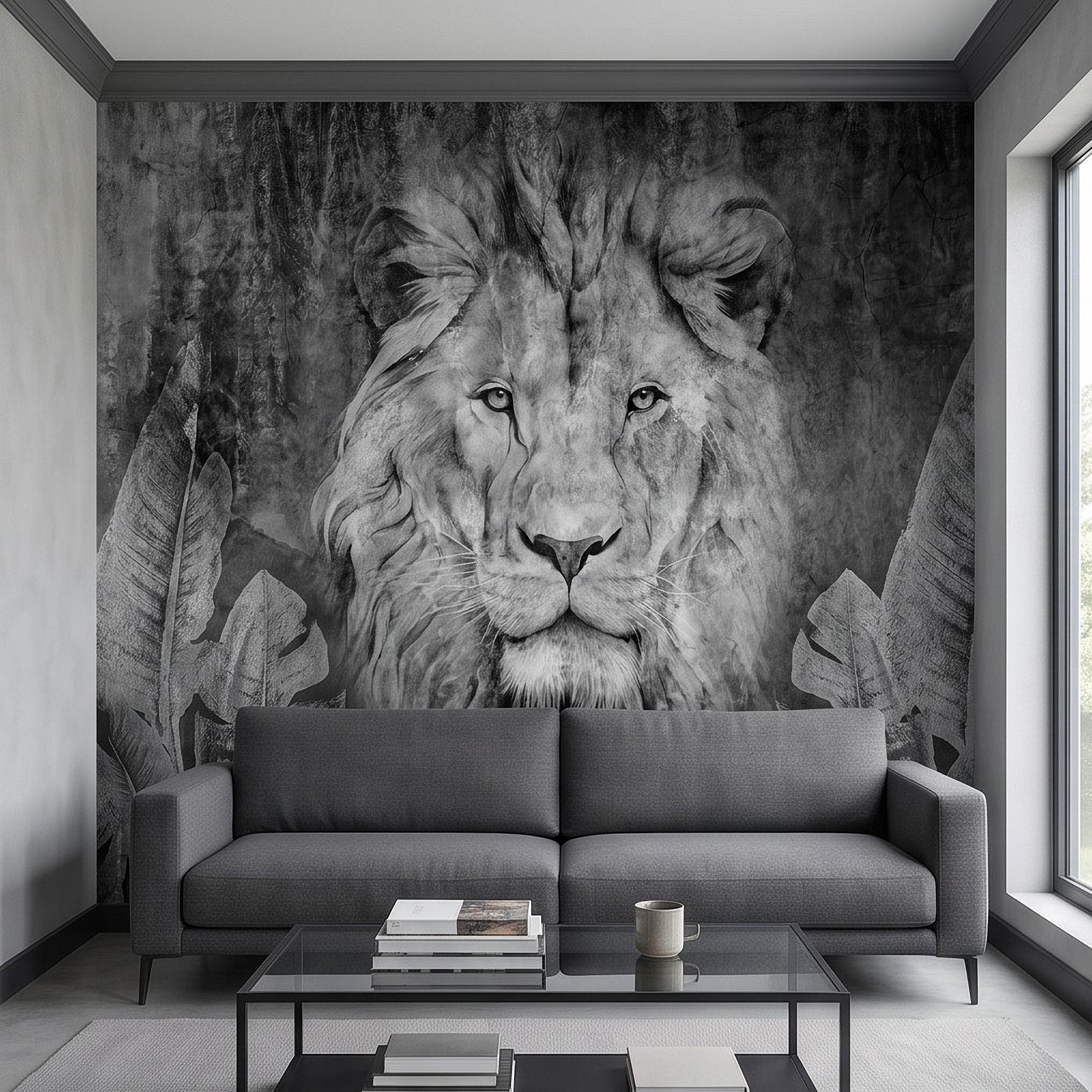 Majestic Lion Peel and Stick Wall Mural, Black and White Wildlife Portrait Dark Concrete Texture Tropical Botanical Wallpaper