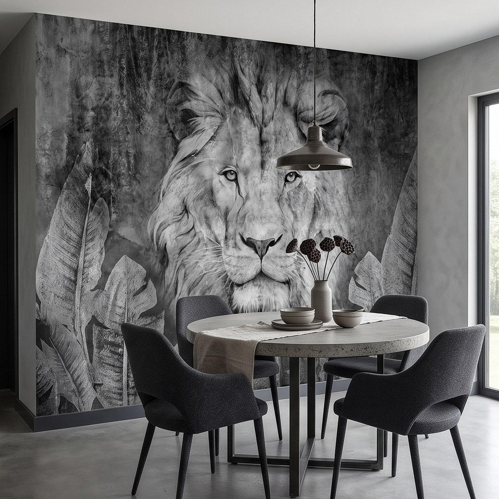 Majestic Lion Peel and Stick Wall Mural, Black and White Wildlife Portrait Dark Concrete Texture Tropical Botanical Wallpaper