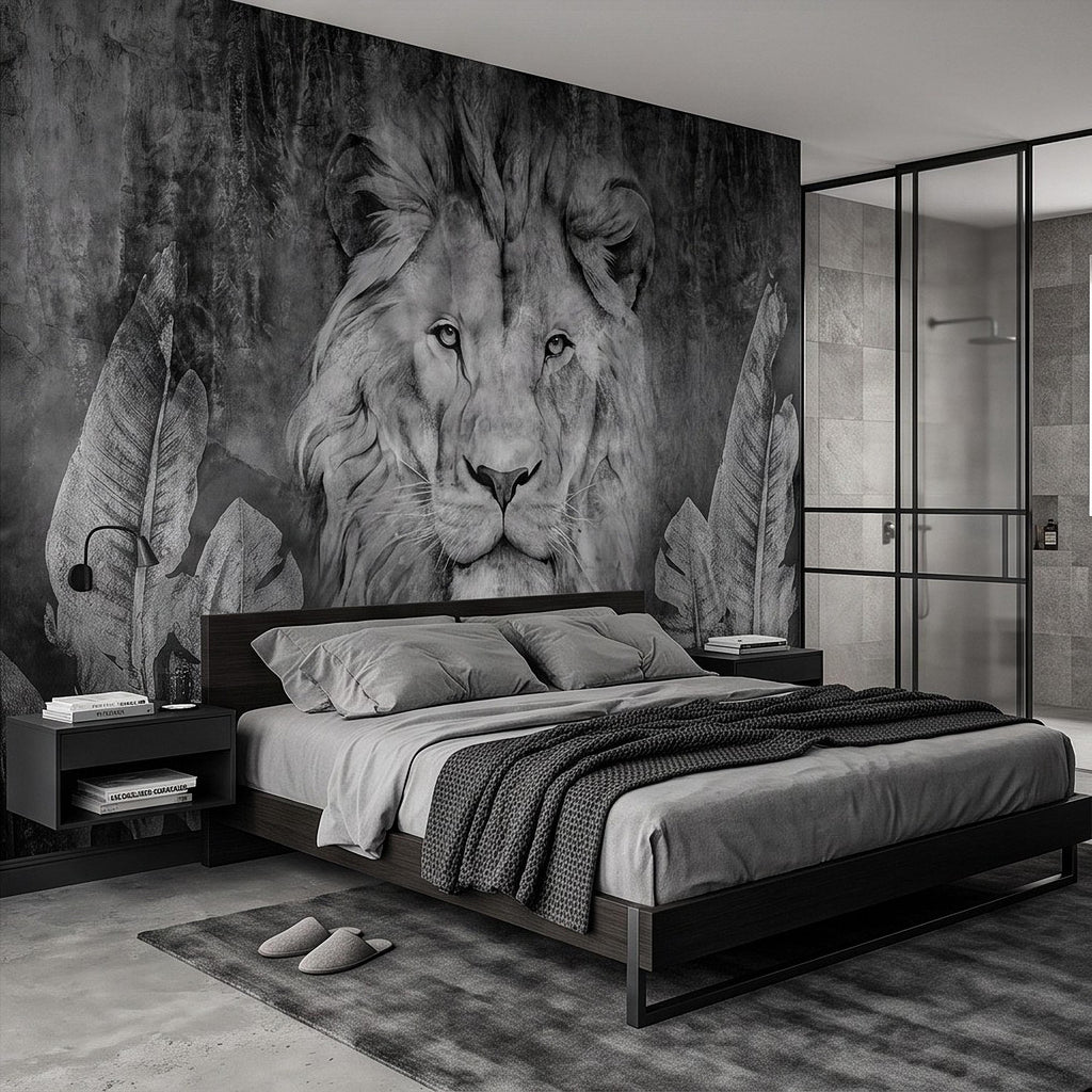 Majestic Lion Peel and Stick Wall Mural, Black and White Wildlife Portrait Dark Concrete Texture Tropical Botanical Wallpaper