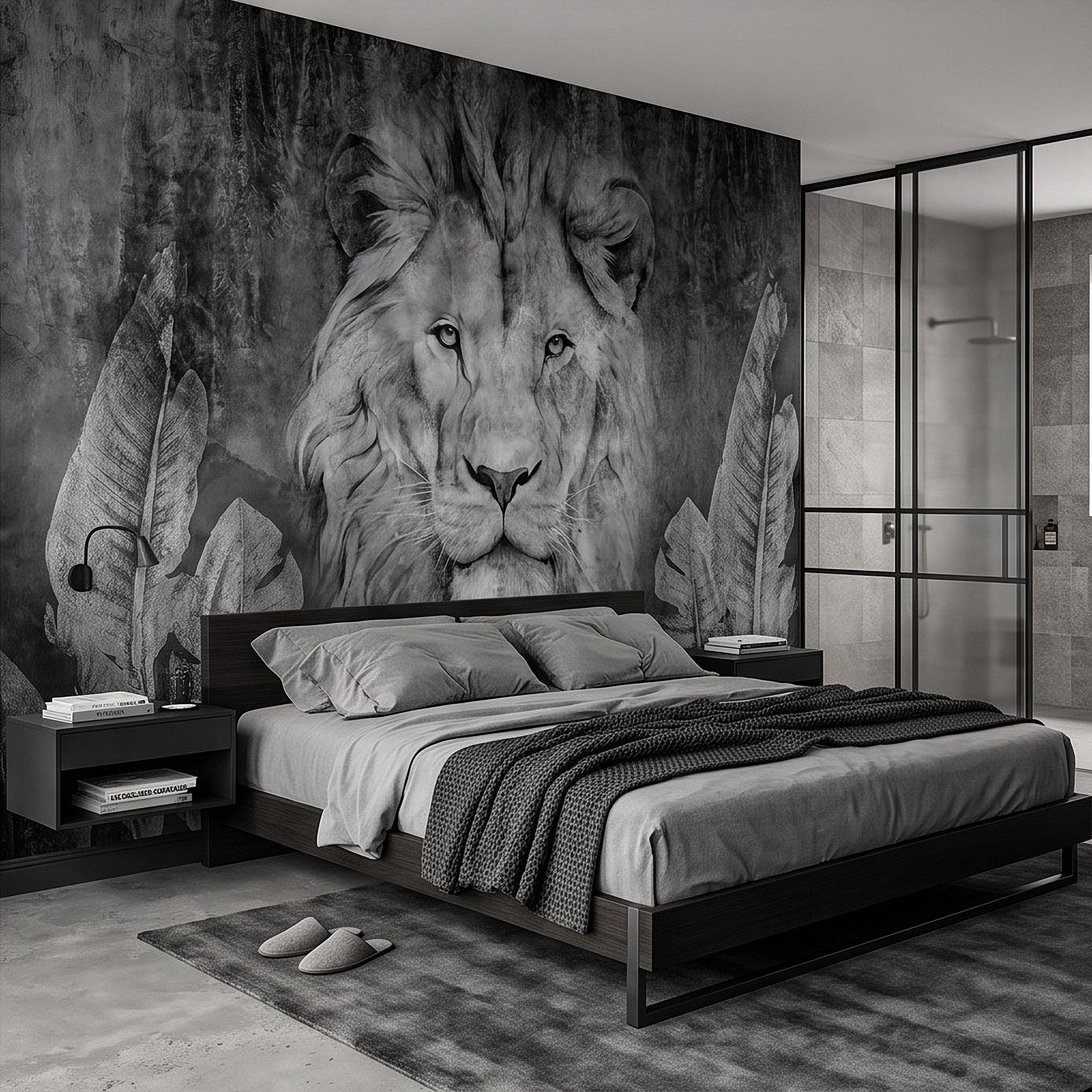 Majestic Lion Peel and Stick Wall Mural, Black and White Wildlife Portrait Dark Concrete Texture Tropical Botanical Wallpaper